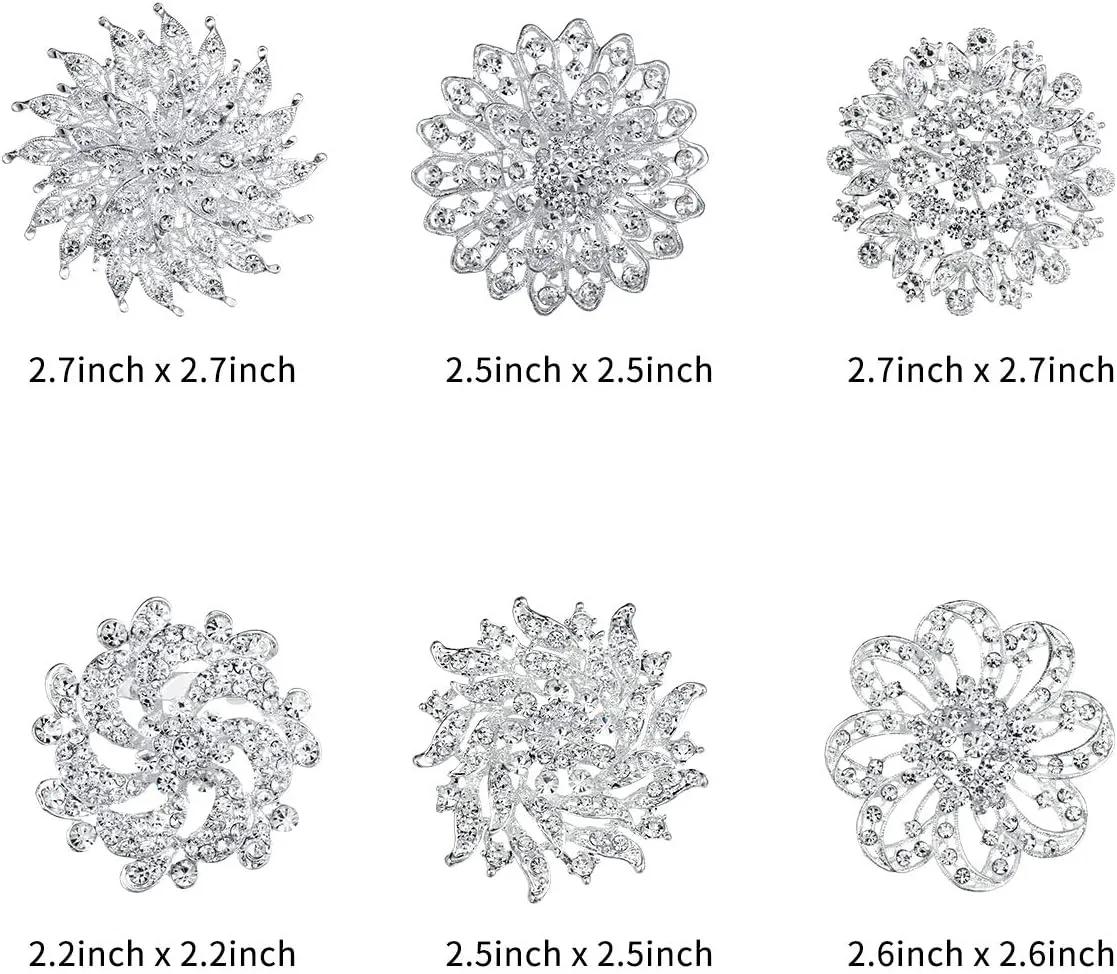 Lot 6pcs Crystal Rhinestones Flower Brooch Pin Set for DIY Wedding Bouquets Decoration