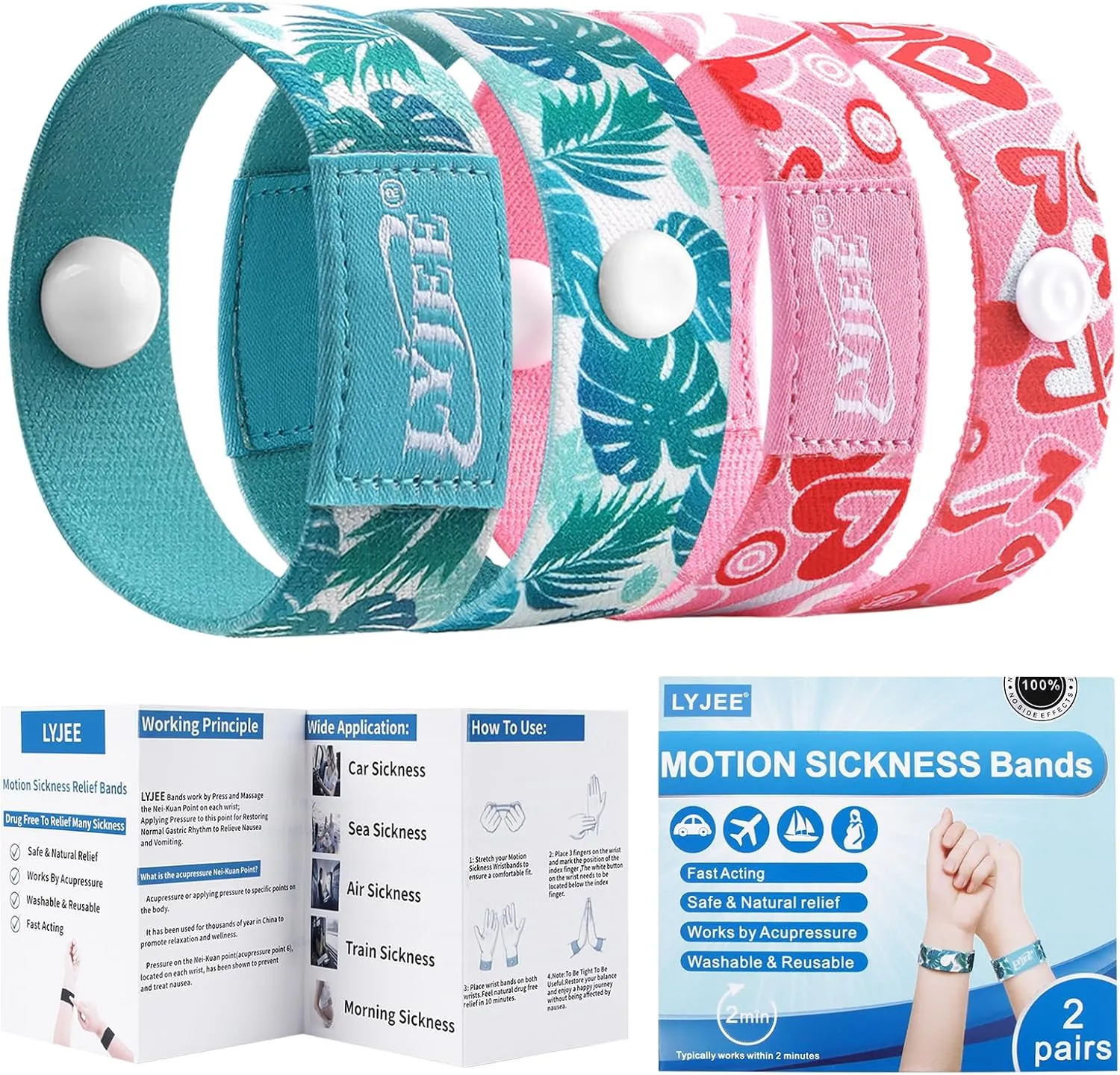 LYJEE Motion Sickness Bands, Nausea Relief Wristbands for Adults and Kids,Acupressure Wristband for Pregnancy Women Morning Car Travel Sickness, 2 Pairs small sizes
