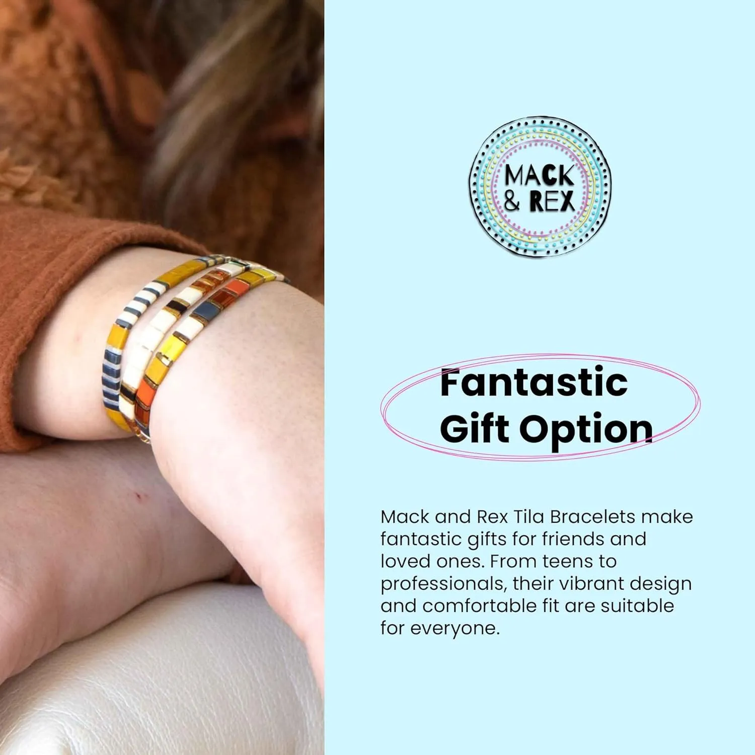 Mack and Rex Tila Bracelets - Stained, Nineteen Seventy, Tidal Wave - Durable, Waterproof, Stretchy Tile Beaded, Lightweight, Layering Gifts Women