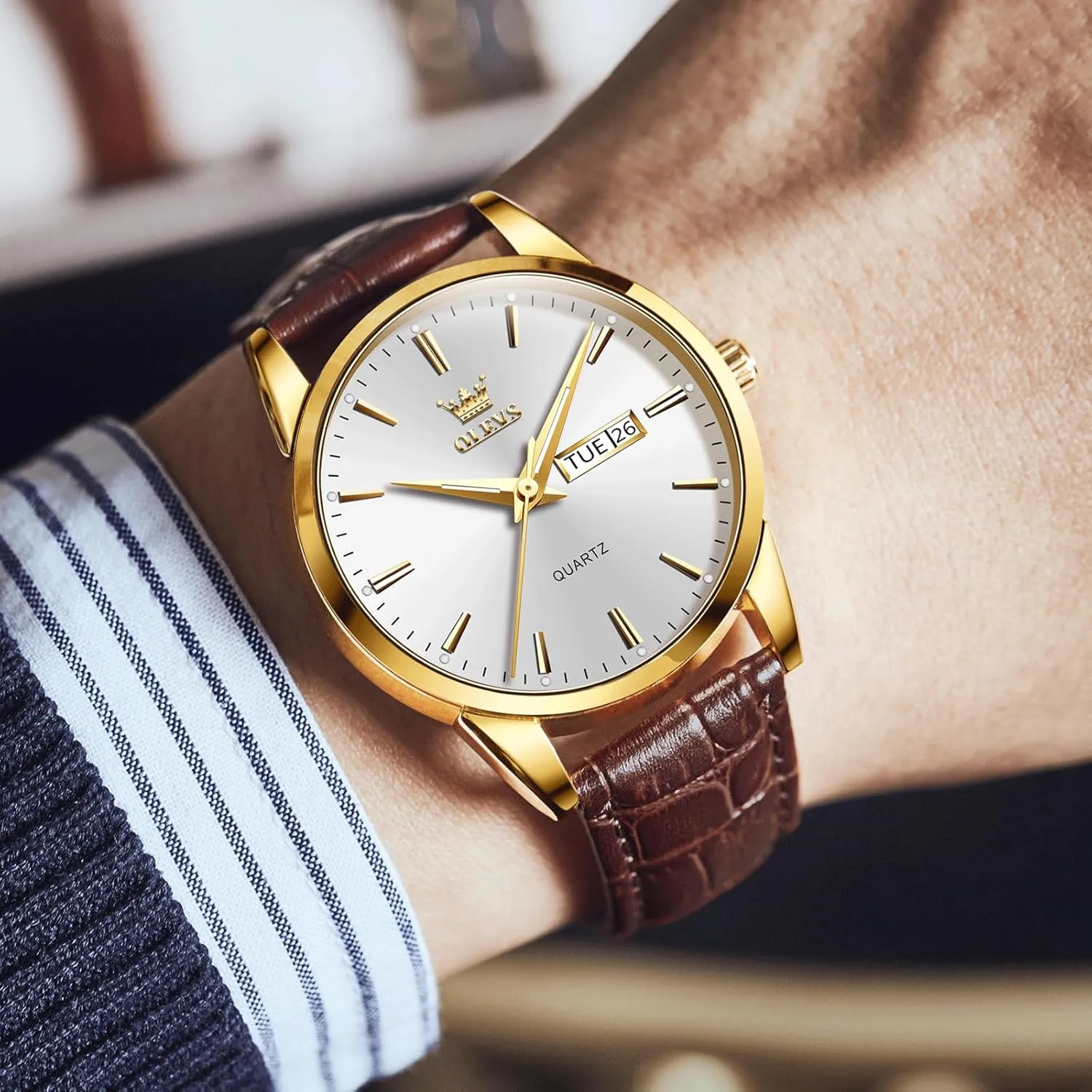 Men's Casual Leather Watch, Easy to Read Three-Hand Analog Stainless Steel Watches for Men, Minimalist Day Date Waterproof Luminous Mens Quartz Wristwatch