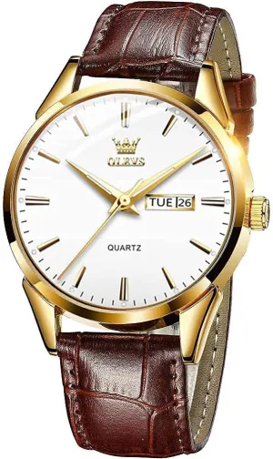 Men's Casual Leather Watch, Easy to Read Three-Hand Analog Stainless Steel Watches for Men, Minimalist Day Date Waterproof Luminous Mens Quartz Wristwatch