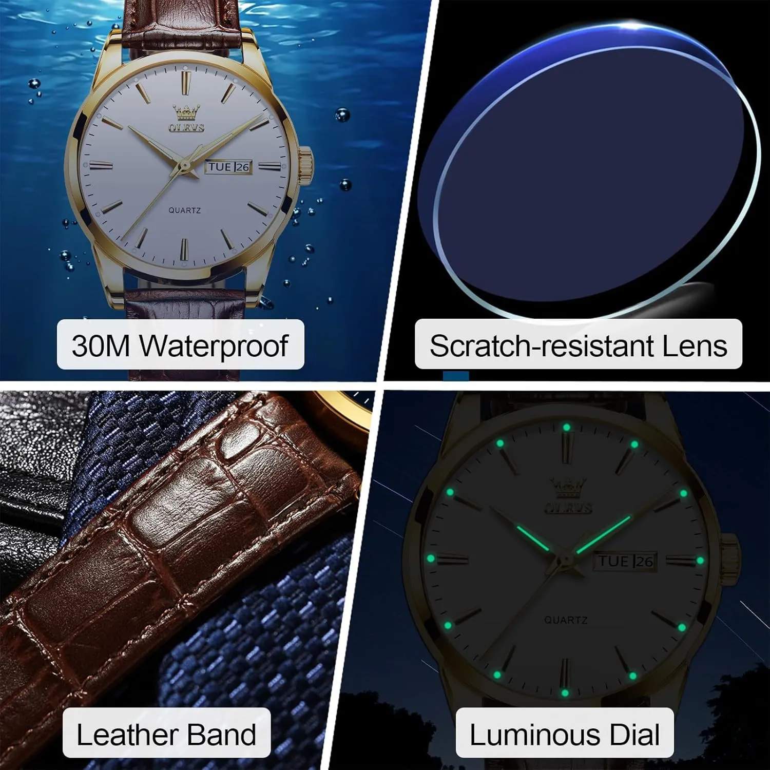 Men's Casual Leather Watch, Easy to Read Three-Hand Analog Stainless Steel Watches for Men, Minimalist Day Date Waterproof Luminous Mens Quartz Wristwatch