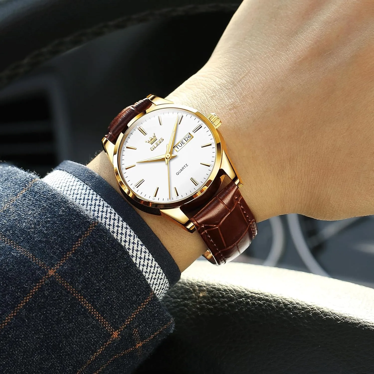 Men's Casual Leather Watch, Easy to Read Three-Hand Analog Stainless Steel Watches for Men, Minimalist Day Date Waterproof Luminous Mens Quartz Wristwatch
