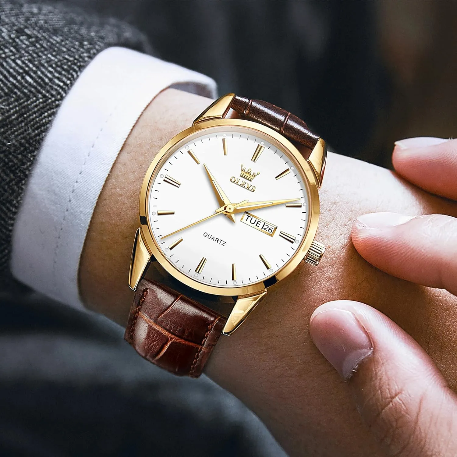 Men's Casual Leather Watch, Easy to Read Three-Hand Analog Stainless Steel Watches for Men, Minimalist Day Date Waterproof Luminous Mens Quartz Wristwatch