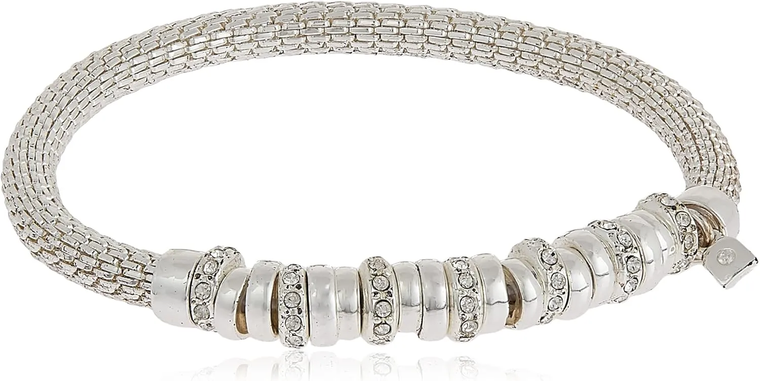 Nine West Women's Silvertone and Crystal Bracelet Rondel Stretch