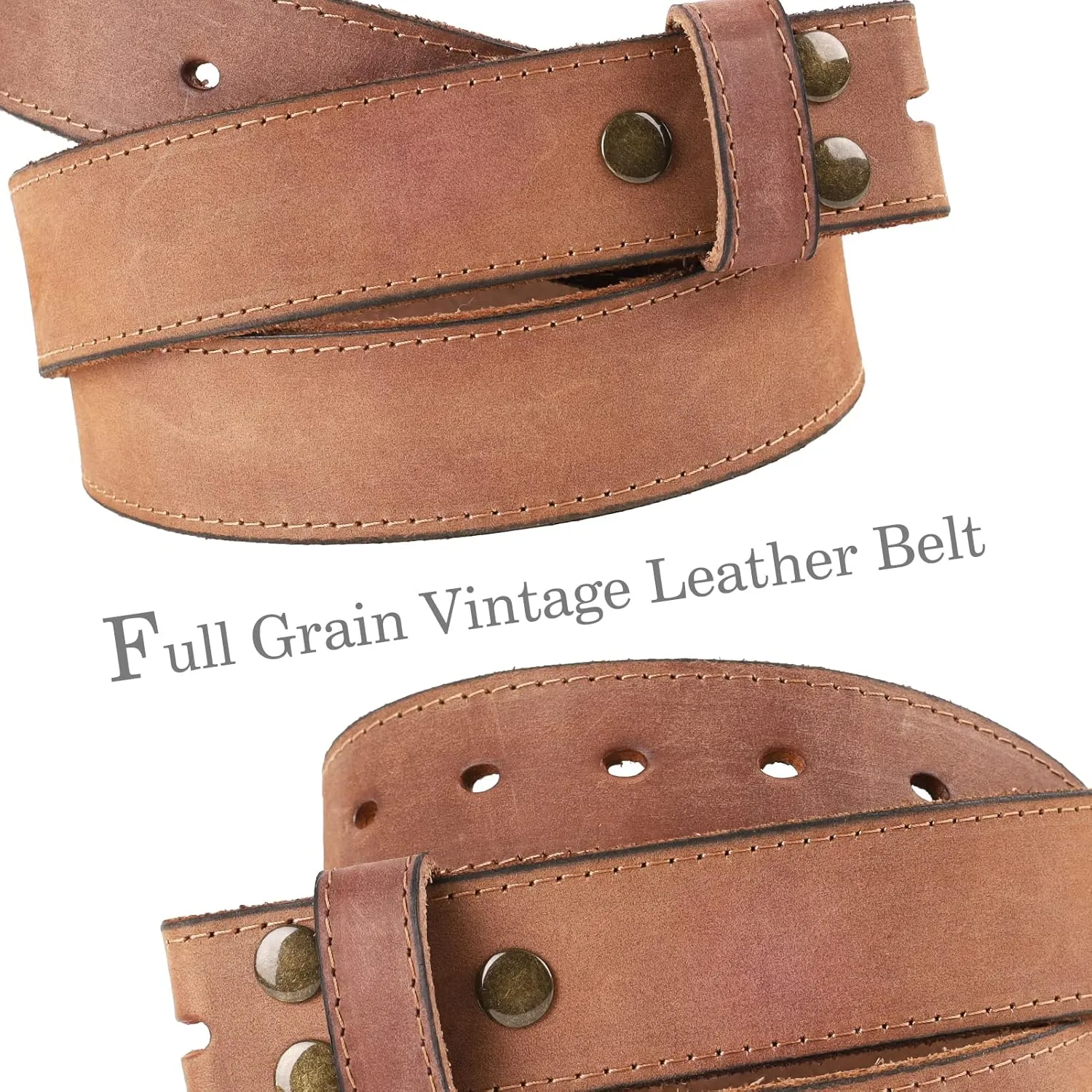 NPET Men's Full Grain Leather Belt Vintage Distressed Style with Snap-On Strap 1 1/2" Wide without Buckle