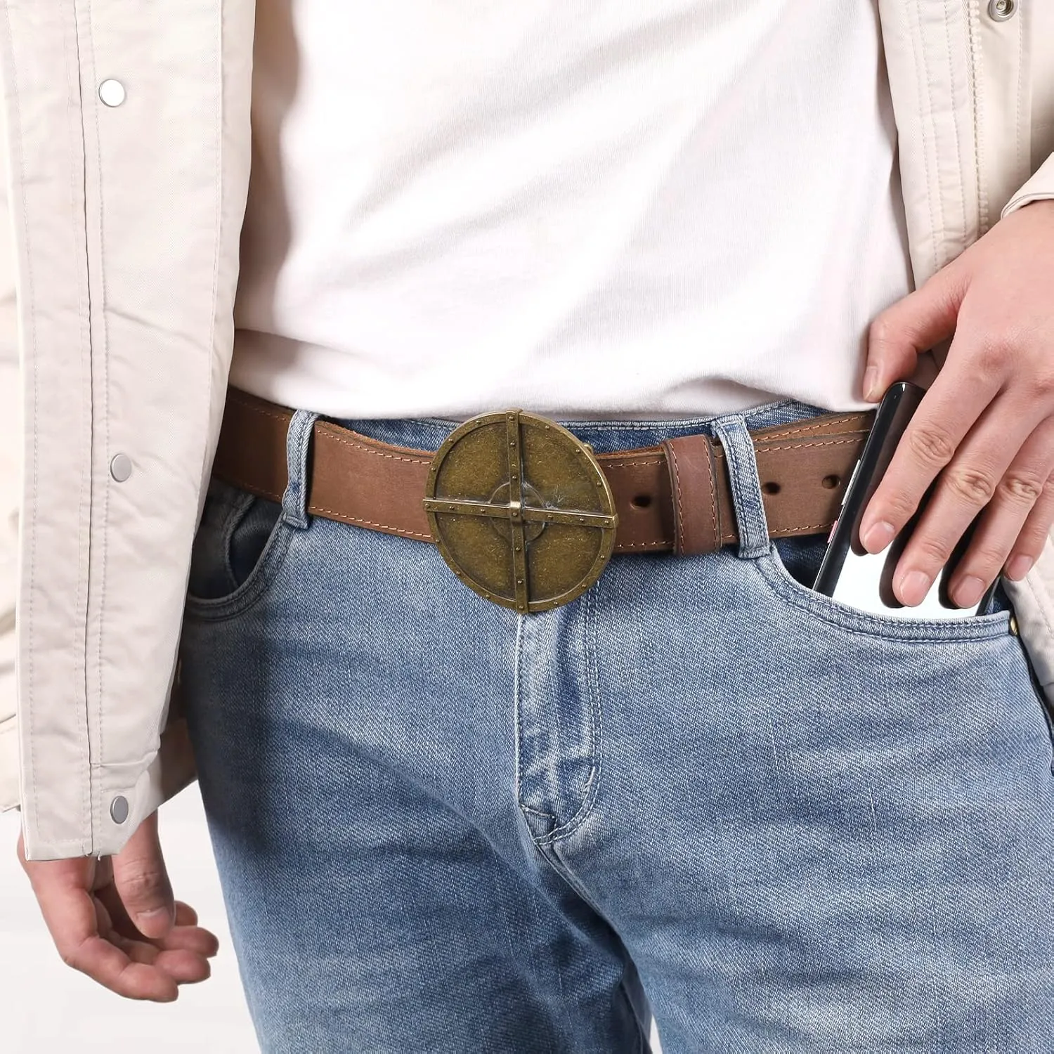 NPET Men's Full Grain Leather Belt Vintage Distressed Style with Snap-On Strap 1 1/2" Wide without Buckle