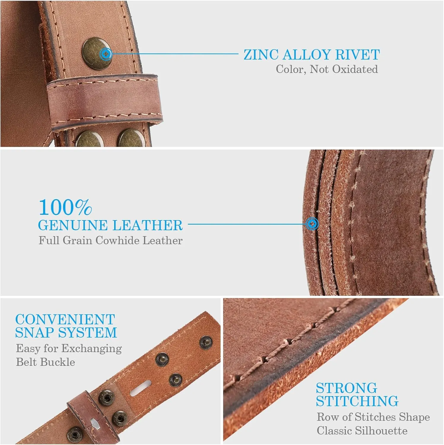 NPET Men's Full Grain Leather Belt Vintage Distressed Style with Snap-On Strap 1 1/2" Wide without Buckle
