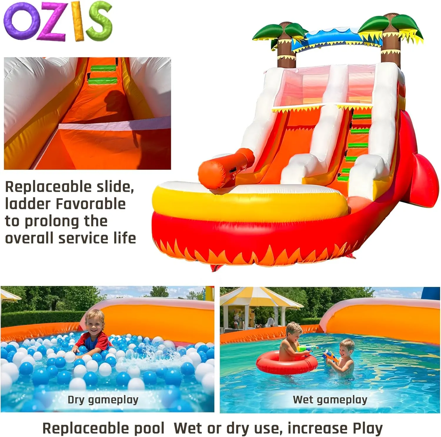 OZIS 23' Red Commercial Grade Water Slide Inflatable with Replaceable Climbing and Pool Wet Dry Use, Tropical Lightweight Premium Water Slide for Kids Summer Funwith Blower