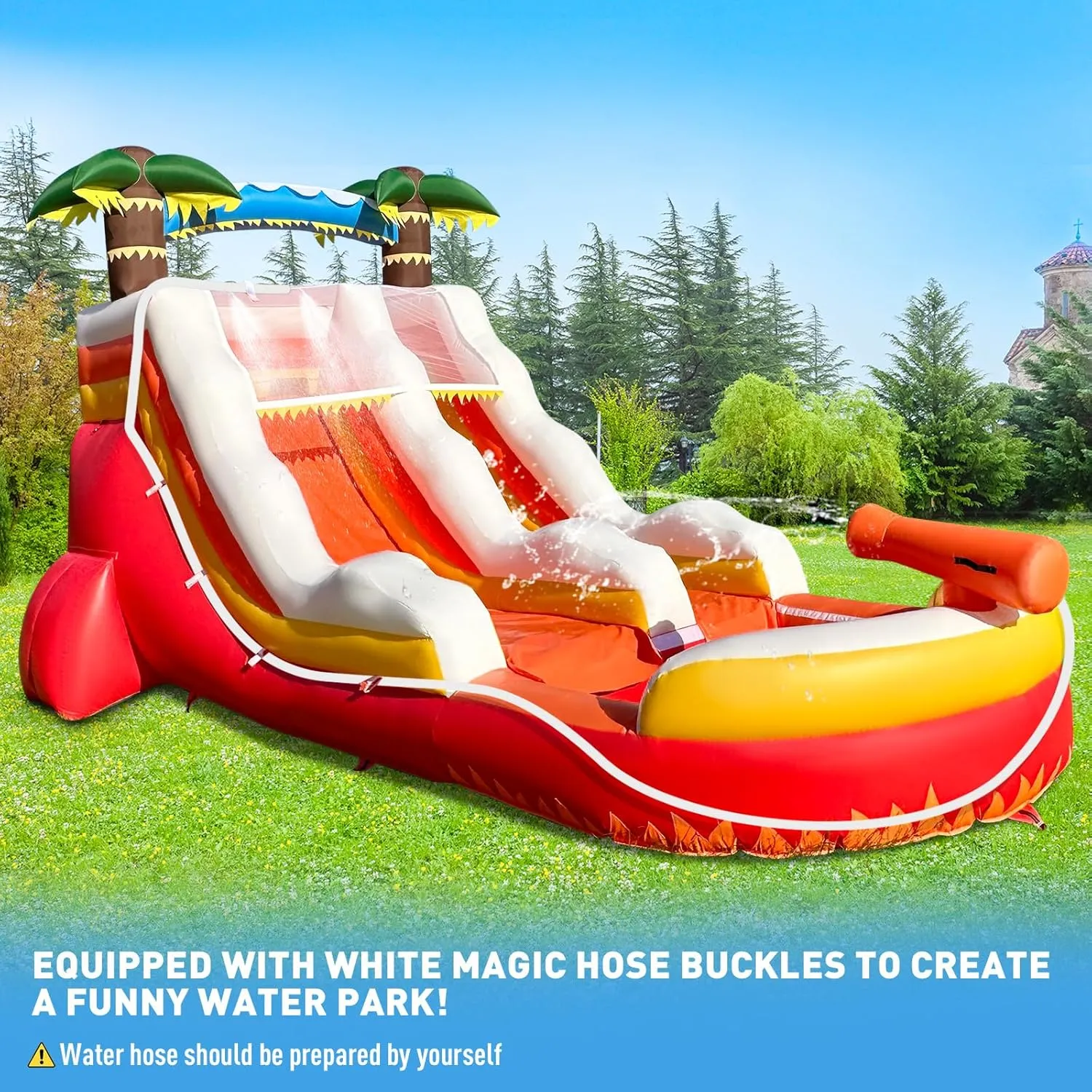 OZIS 23' Red Commercial Grade Water Slide Inflatable with Replaceable Climbing and Pool Wet Dry Use, Tropical Lightweight Premium Water Slide for Kids Summer Funwith Blower