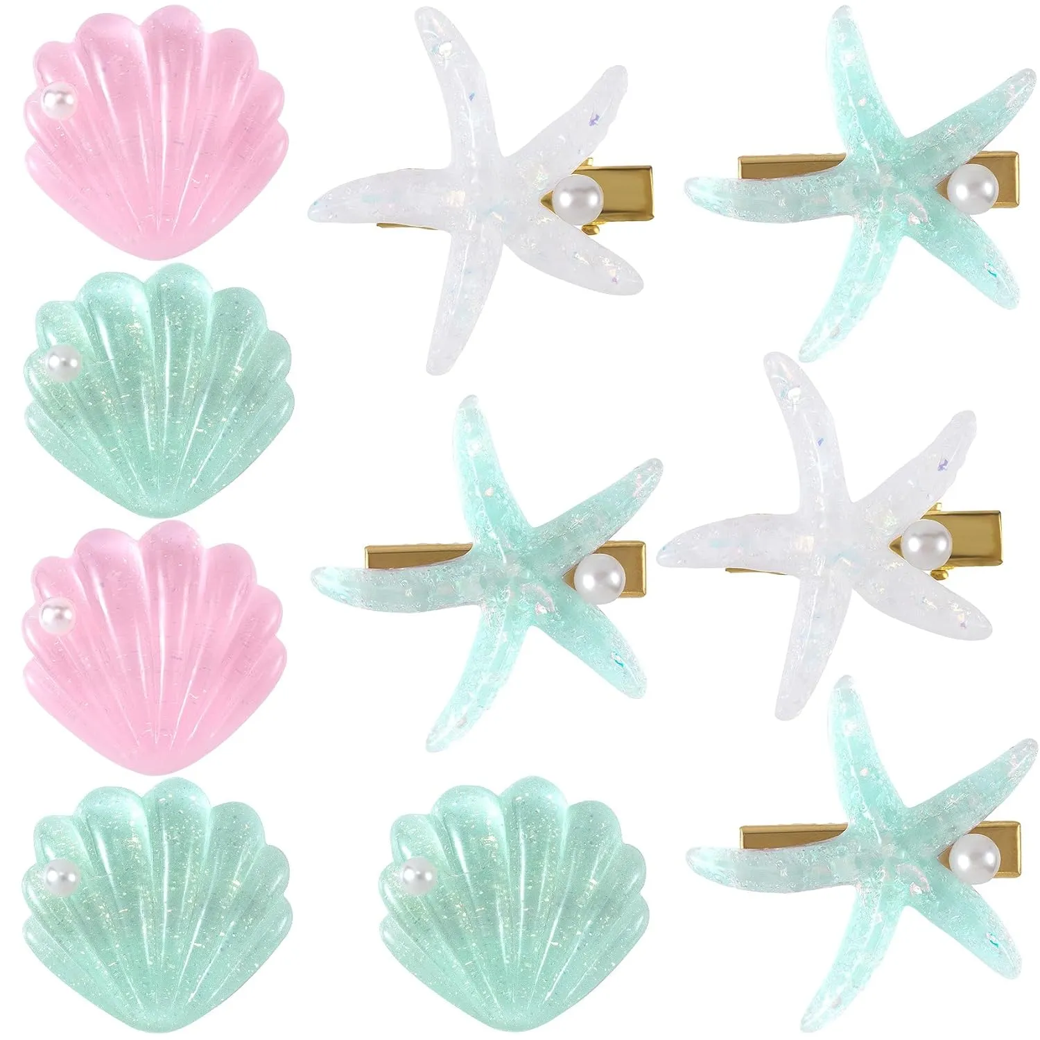 PAGOW 10 Pieces Starfish Hair Clips, Rhinestone Pearls Crystal Hair Barrettes, Sea Star Ponytail Holder, Cute Wedding Headpiece Halloween Hair Accessories For Women, Girls, Bride(1.73 x 2.48 Inch)