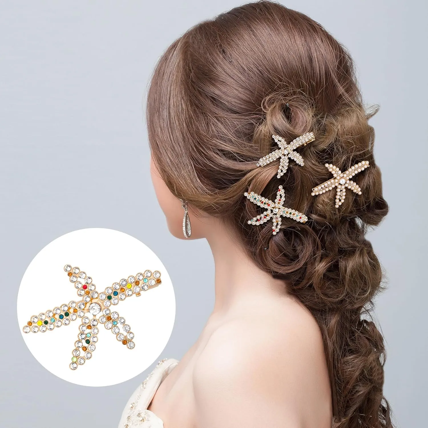 PAGOW 3 PCS Starfish Hair Clips, Gold Pearls Colorful Rhinestone Hair Clips, Crystal Sea Star Ponytail Holder, Faux Pearl Crystal Wedding Headpiece Hair Accessories For Women, Bride (1.73x2.48 Inch)