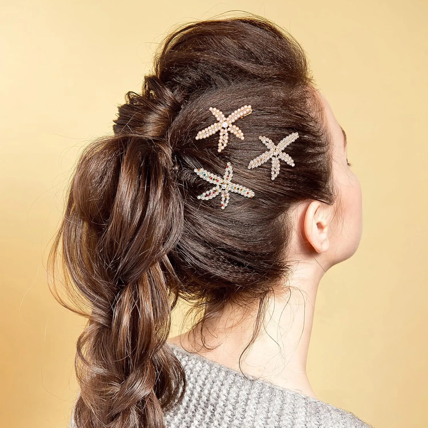 PAGOW 3 PCS Starfish Hair Clips, Gold Pearls Colorful Rhinestone Hair Clips, Crystal Sea Star Ponytail Holder, Faux Pearl Crystal Wedding Headpiece Hair Accessories For Women, Bride (1.73x2.48 Inch)