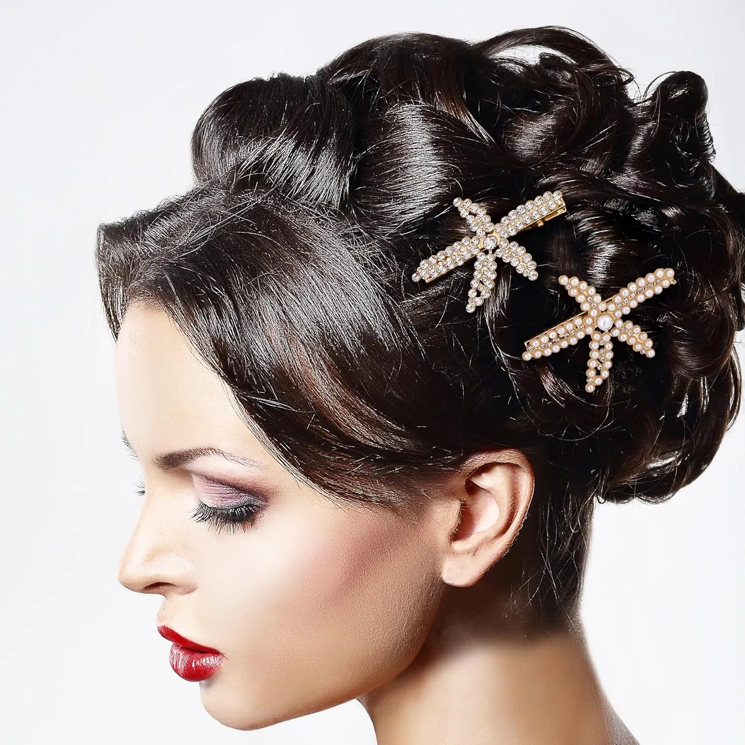PAGOW 3 PCS Starfish Hair Clips, Gold Pearls Colorful Rhinestone Hair Clips, Crystal Sea Star Ponytail Holder, Faux Pearl Crystal Wedding Headpiece Hair Accessories For Women, Bride (1.73x2.48 Inch)