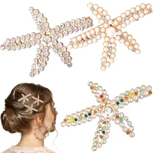 PAGOW 3 PCS Starfish Hair Clips, Gold Pearls Colorful Rhinestone Hair Clips, Crystal Sea Star Ponytail Holder, Faux Pearl Crystal Wedding Headpiece Hair Accessories For Women, Bride (1.73x2.48 Inch)