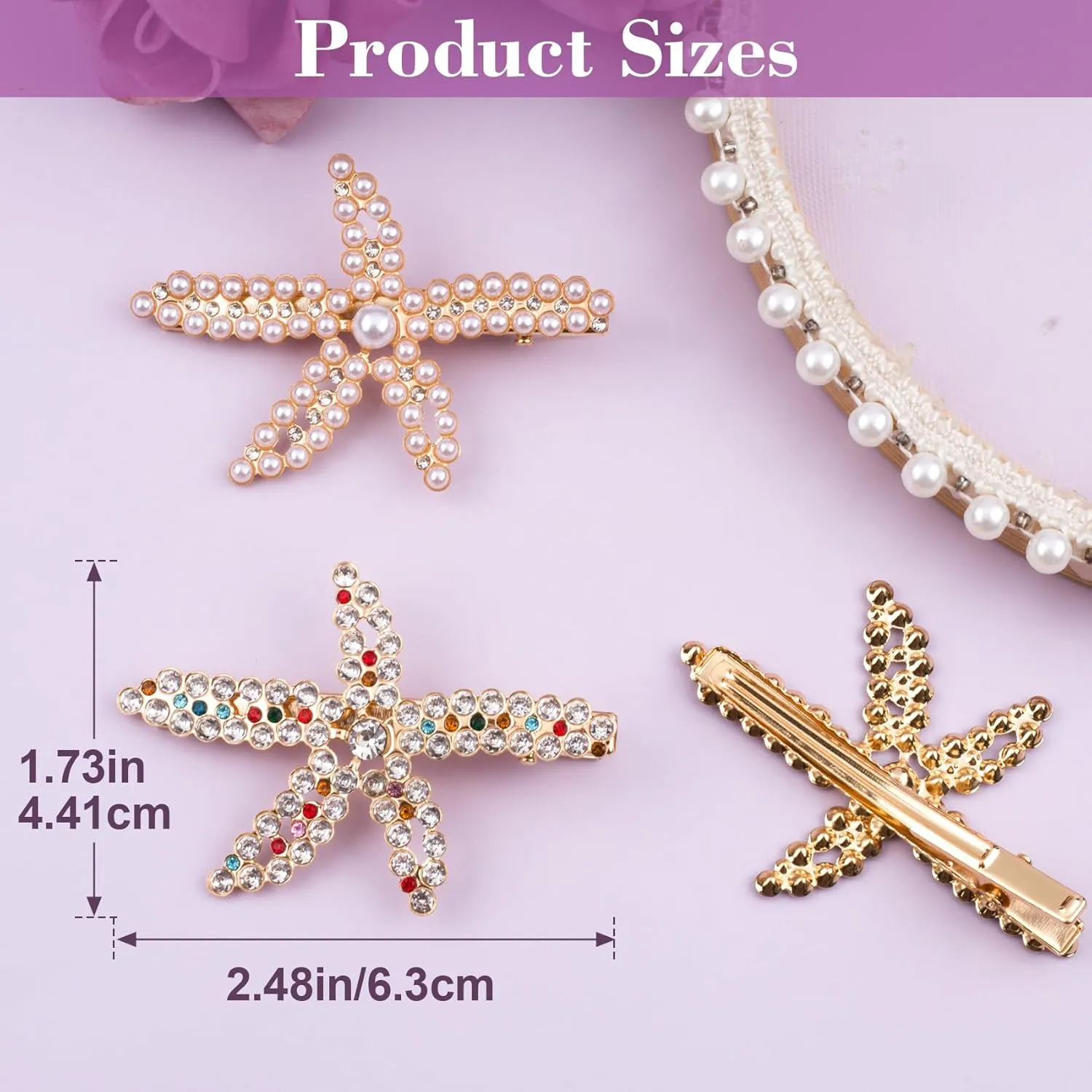 PAGOW 3 PCS Starfish Hair Clips, Gold Pearls Colorful Rhinestone Hair Clips, Crystal Sea Star Ponytail Holder, Faux Pearl Crystal Wedding Headpiece Hair Accessories For Women, Bride (1.73x2.48 Inch)