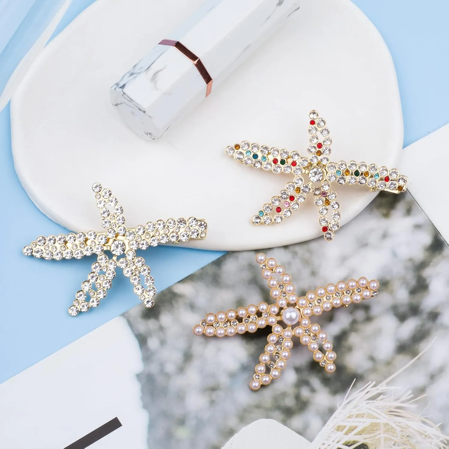PAGOW 3 PCS Starfish Hair Clips, Gold Pearls Colorful Rhinestone Hair Clips, Crystal Sea Star Ponytail Holder, Faux Pearl Crystal Wedding Headpiece Hair Accessories For Women, Bride (1.73x2.48 Inch)