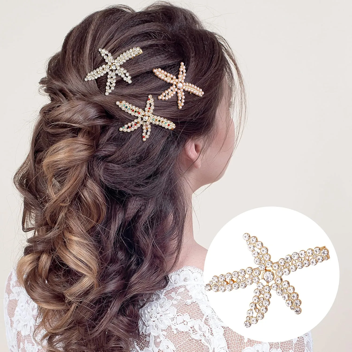 PAGOW 3 PCS Starfish Hair Clips, Gold Pearls Colorful Rhinestone Hair Clips, Crystal Sea Star Ponytail Holder, Faux Pearl Crystal Wedding Headpiece Hair Accessories For Women, Bride (1.73x2.48 Inch)