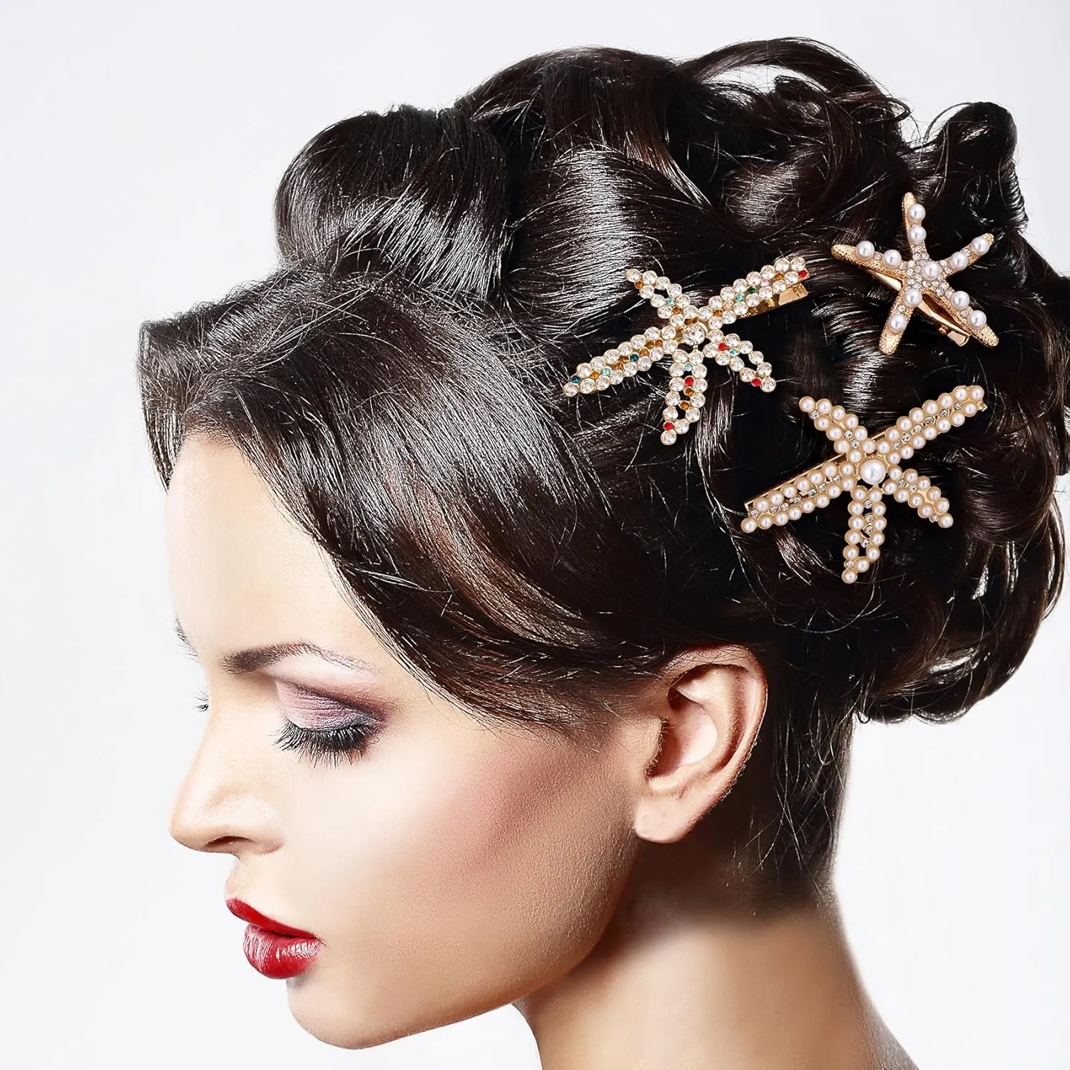 PAGOW 3 PCS Starfish Hair Clips, Gold Pearls Colorful Rhinestone Hair Clips, Crystal Sea Star Ponytail Holder, Faux Pearl Crystal Wedding Headpiece Hair Accessories for Women, Bride (3 Styles)