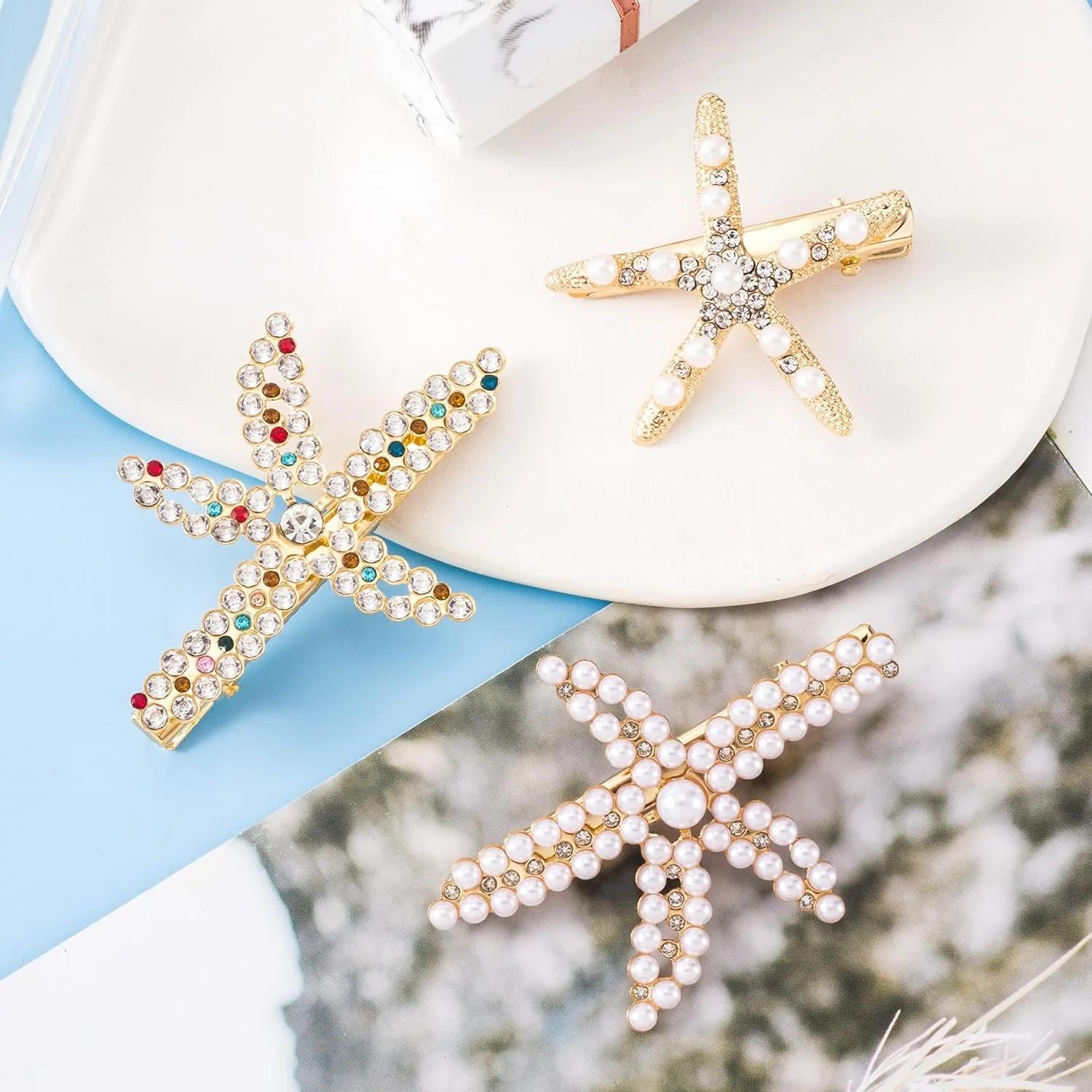 PAGOW 3 PCS Starfish Hair Clips, Gold Pearls Colorful Rhinestone Hair Clips, Crystal Sea Star Ponytail Holder, Faux Pearl Crystal Wedding Headpiece Hair Accessories for Women, Bride (3 Styles)