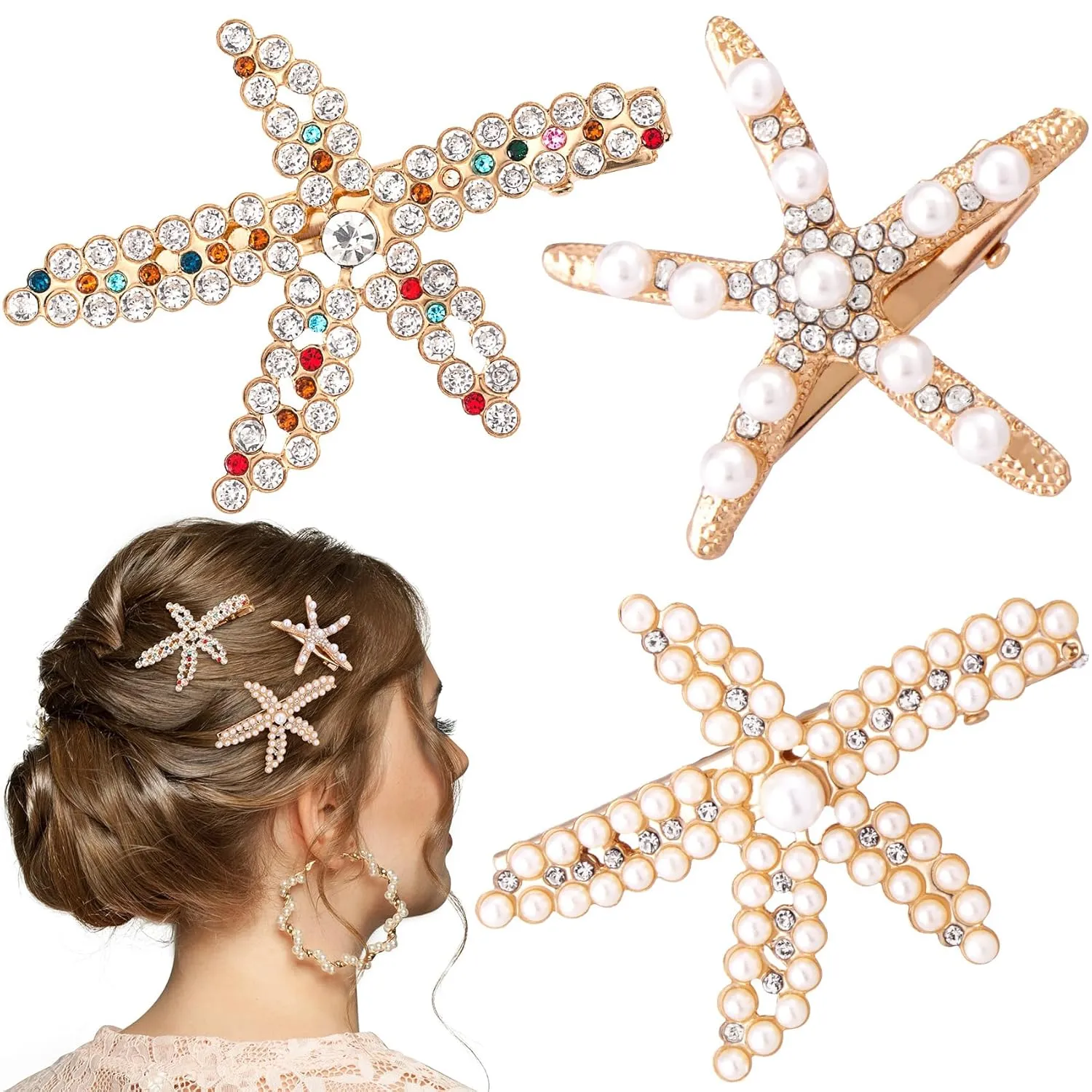 PAGOW 3 PCS Starfish Hair Clips, Gold Pearls Colorful Rhinestone Hair Clips, Crystal Sea Star Ponytail Holder, Faux Pearl Crystal Wedding Headpiece Hair Accessories for Women, Bride (3 Styles)