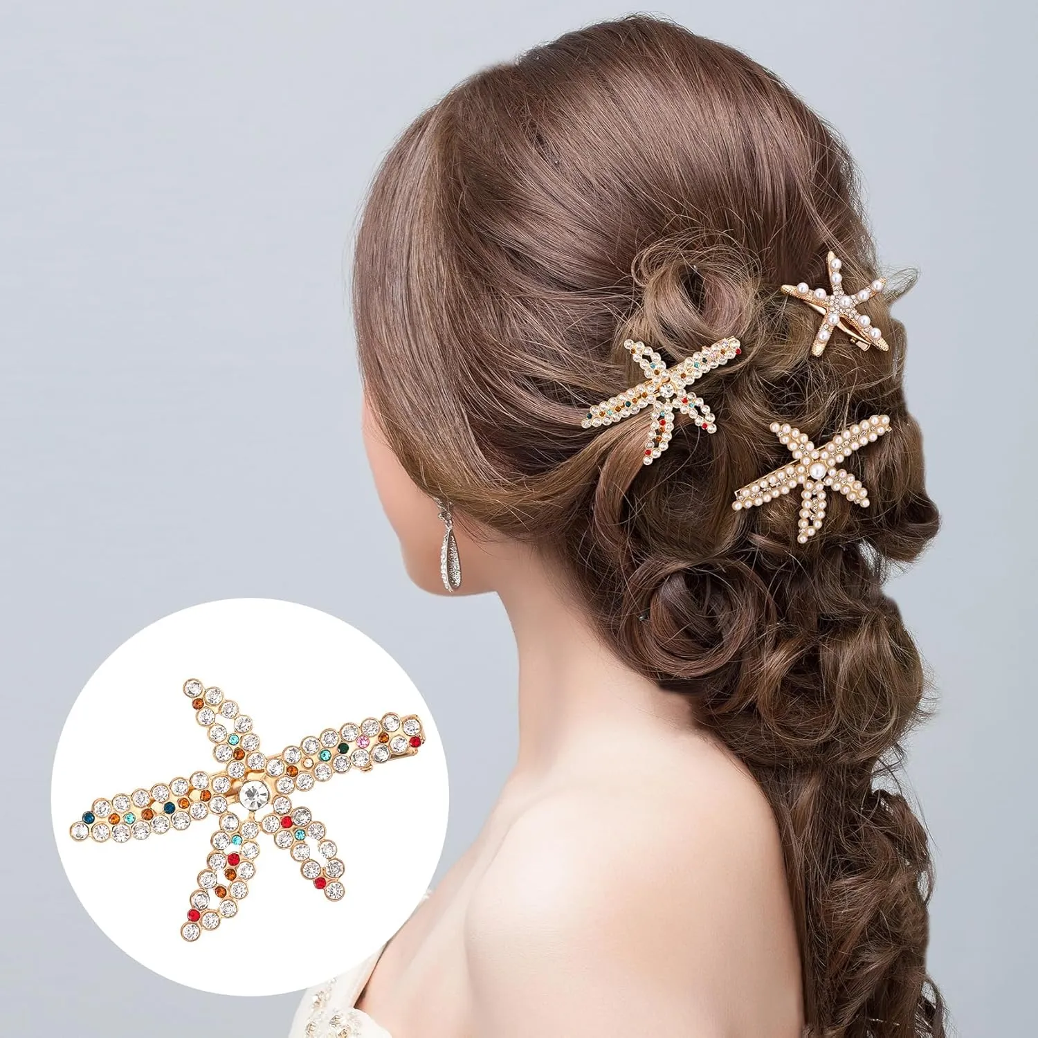 PAGOW 3 PCS Starfish Hair Clips, Gold Pearls Colorful Rhinestone Hair Clips, Crystal Sea Star Ponytail Holder, Faux Pearl Crystal Wedding Headpiece Hair Accessories for Women, Bride (3 Styles)
