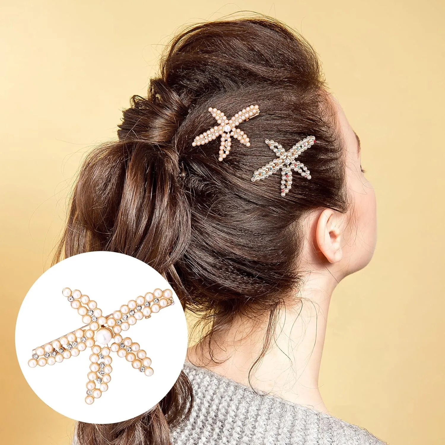 PAGOW 3 PCS Starfish Hair Clips, Gold Pearls Colorful Rhinestone Hair Clips, Crystal Sea Star Ponytail Holder, Faux Pearl Crystal Wedding Headpiece Hair Accessories for Women, Bride (3 Styles)
