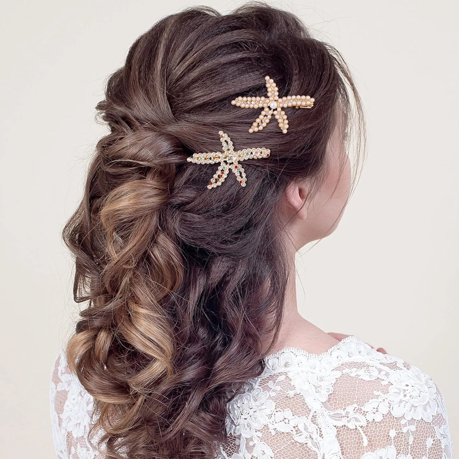PAGOW 3 PCS Starfish Hair Clips, Gold Pearls Colorful Rhinestone Hair Clips, Crystal Sea Star Ponytail Holder, Faux Pearl Crystal Wedding Headpiece Hair Accessories for Women, Bride (3 Styles)