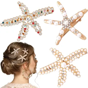 PAGOW 3 PCS Starfish Hair Clips, Gold Pearls Colorful Rhinestone Hair Clips, Crystal Sea Star Ponytail Holder, Faux Pearl Crystal Wedding Headpiece Hair Accessories for Women, Bride (3 Styles)