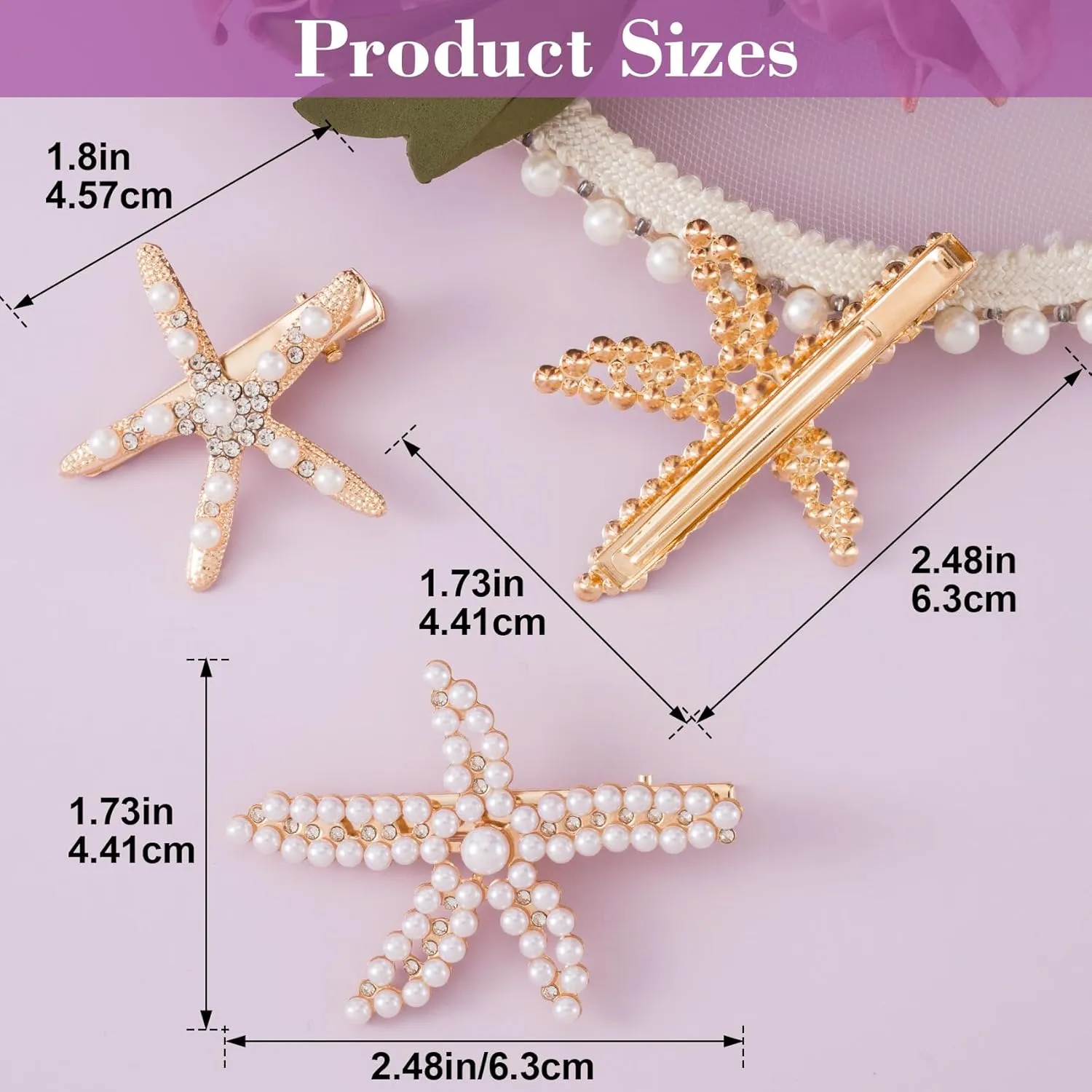 PAGOW 3 PCS Starfish Hair Clips, Gold Pearls Colorful Rhinestone Hair Clips, Crystal Sea Star Ponytail Holder, Faux Pearl Crystal Wedding Headpiece Hair Accessories for Women, Bride (3 Styles)
