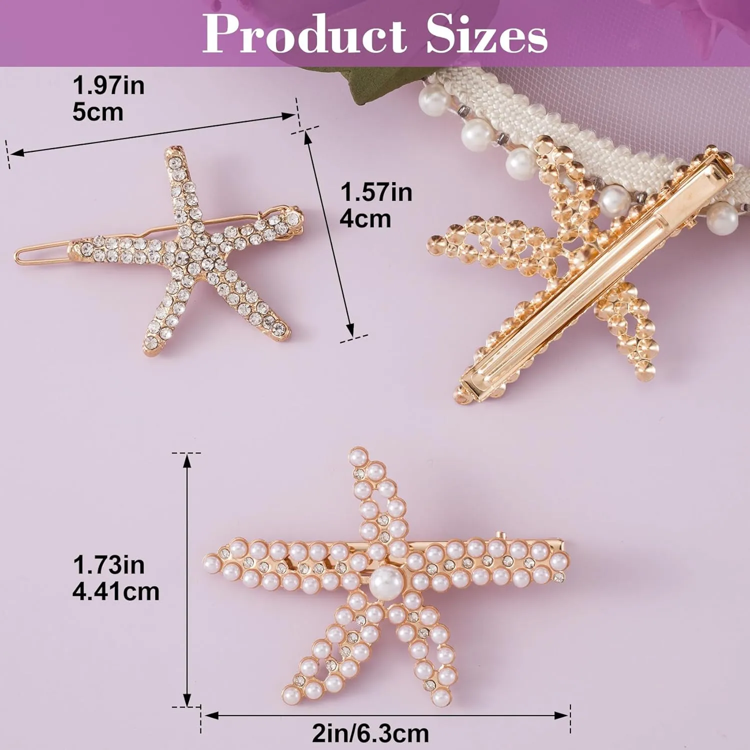 PAGOW 3 PCS Starfish Hair Clips, Gold Pearls Rhinestone Hair Clips, Crystal Sea Star Ponytail Holder, Faux Pearl Crystal Wedding Headpiece Hair Accessories for Women, Bride (3 Styles)