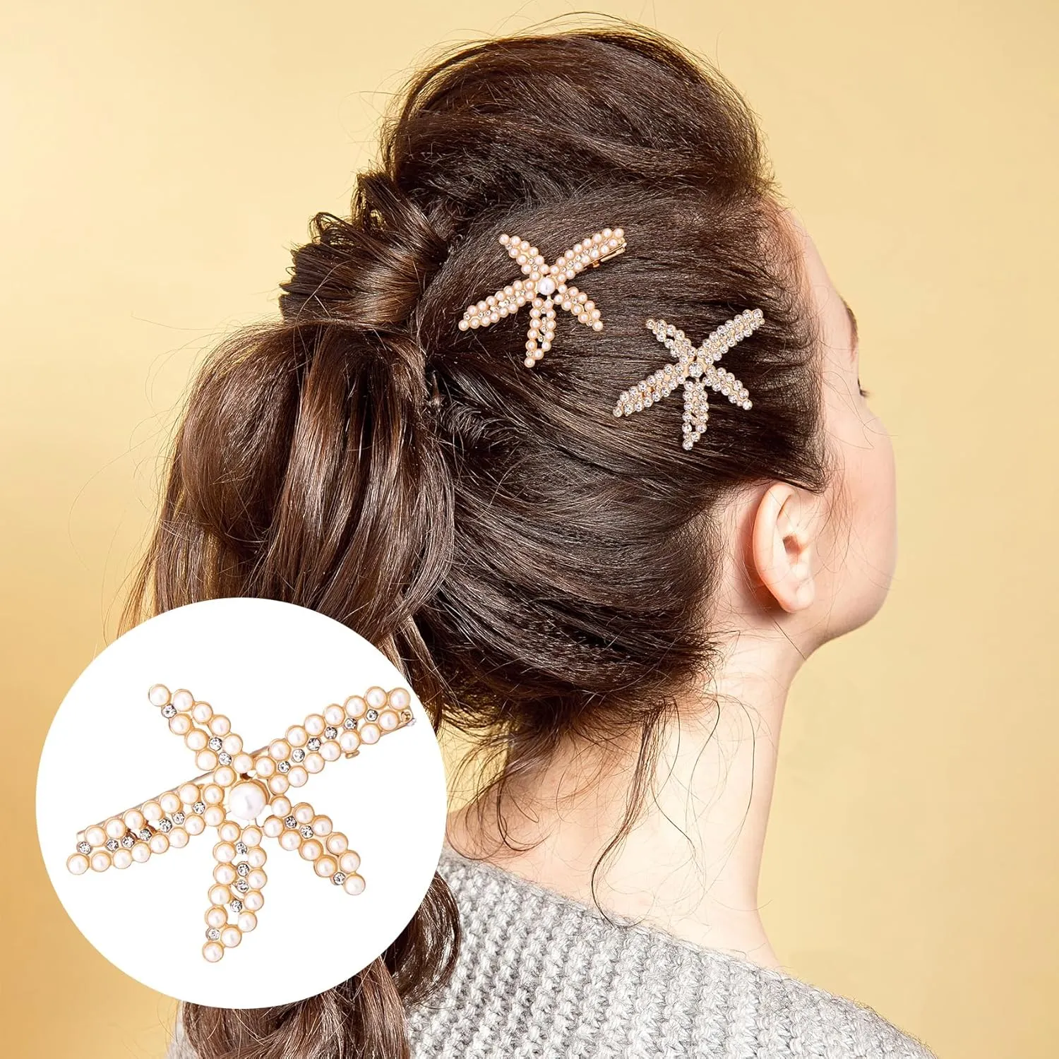 PAGOW 3 PCS Starfish Hair Clips, Gold Pearls Rhinestone Hair Clips, Crystal Sea Star Ponytail Holder, Faux Pearl Crystal Wedding Headpiece Hair Accessories for Women, Bride (3 Styles)