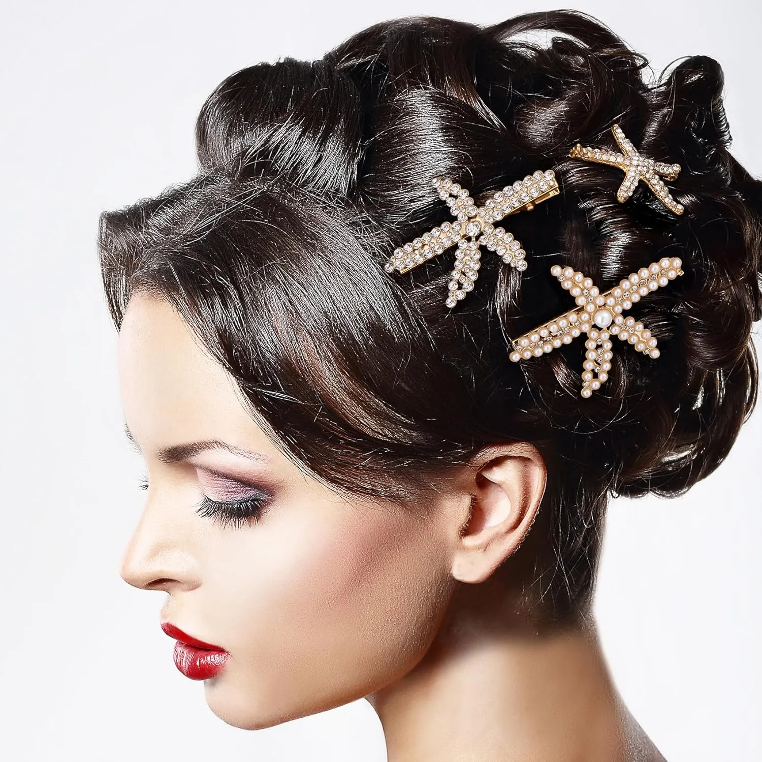 PAGOW 3 PCS Starfish Hair Clips, Gold Pearls Rhinestone Hair Clips, Crystal Sea Star Ponytail Holder, Faux Pearl Crystal Wedding Headpiece Hair Accessories for Women, Bride (3 Styles)