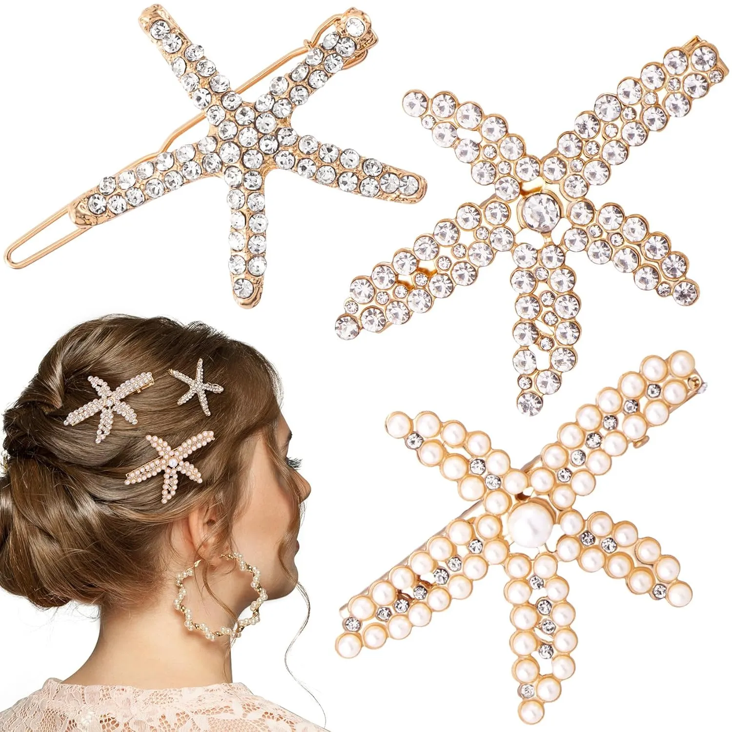 PAGOW 3 PCS Starfish Hair Clips, Gold Pearls Rhinestone Hair Clips, Crystal Sea Star Ponytail Holder, Faux Pearl Crystal Wedding Headpiece Hair Accessories for Women, Bride (3 Styles)