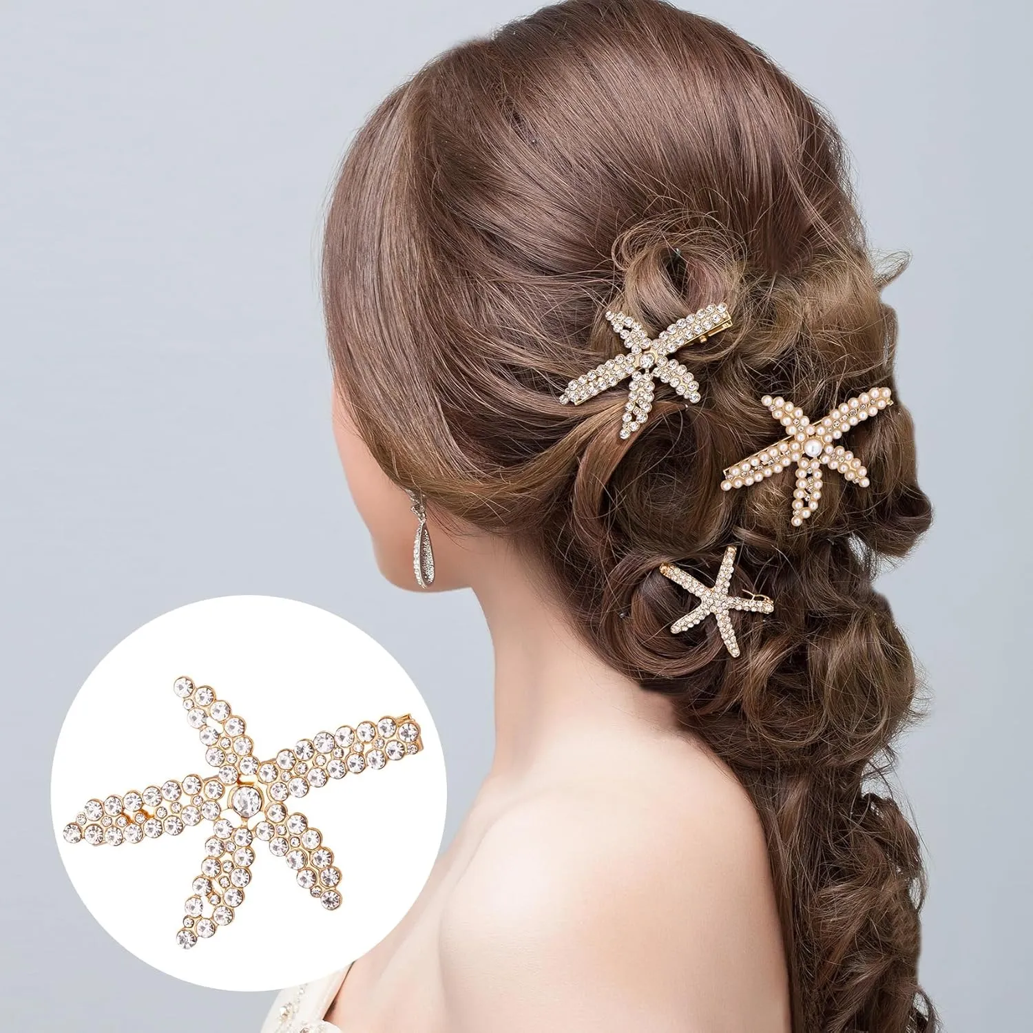 PAGOW 3 PCS Starfish Hair Clips, Gold Pearls Rhinestone Hair Clips, Crystal Sea Star Ponytail Holder, Faux Pearl Crystal Wedding Headpiece Hair Accessories for Women, Bride (3 Styles)