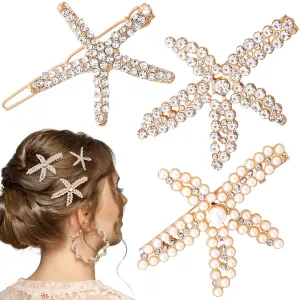PAGOW 3 PCS Starfish Hair Clips, Gold Pearls Rhinestone Hair Clips, Crystal Sea Star Ponytail Holder, Faux Pearl Crystal Wedding Headpiece Hair Accessories for Women, Bride (3 Styles)