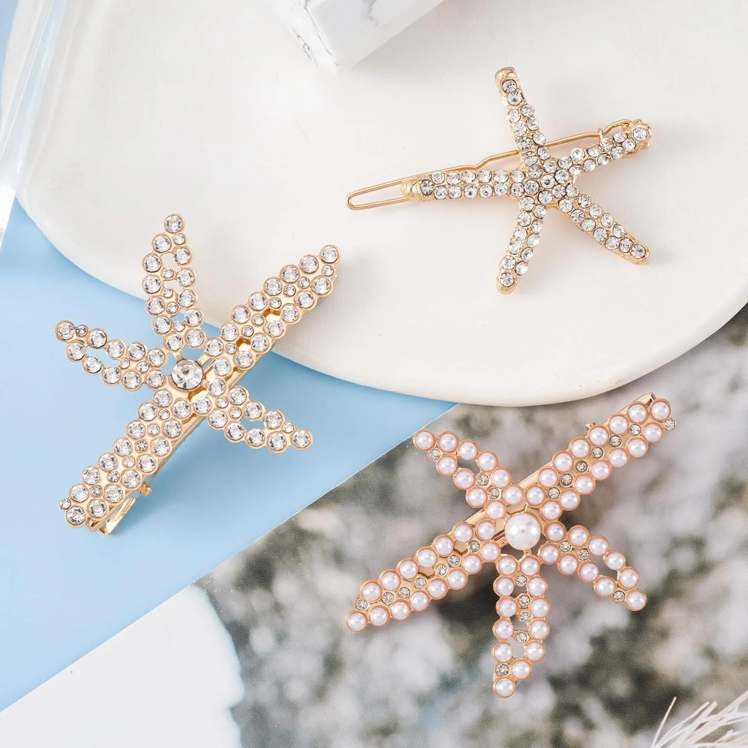 PAGOW 3 PCS Starfish Hair Clips, Gold Pearls Rhinestone Hair Clips, Crystal Sea Star Ponytail Holder, Faux Pearl Crystal Wedding Headpiece Hair Accessories for Women, Bride (3 Styles)