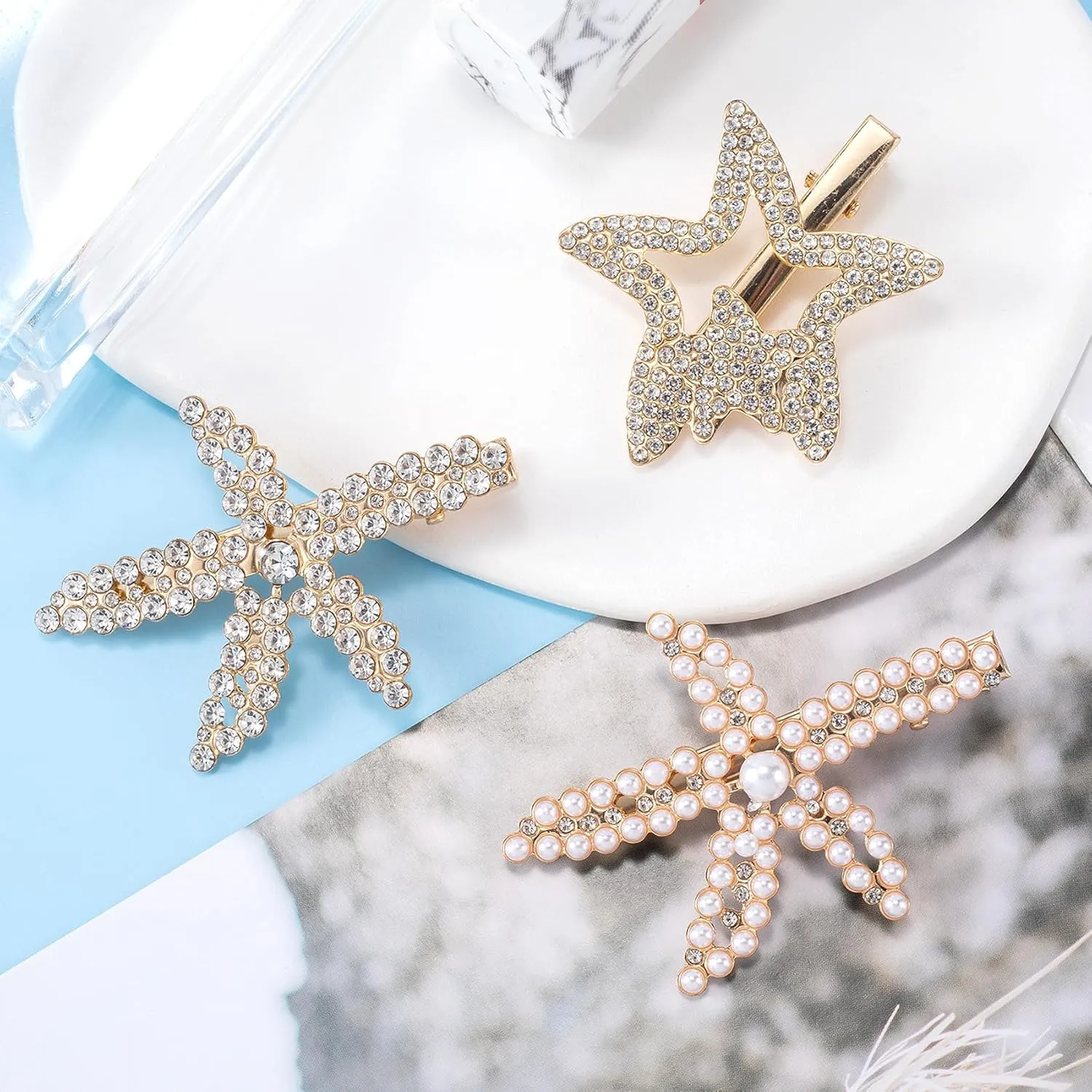PAGOW 3 PCS Starfish Hair Clips, Gold Rhinestone Pearls Crystal Hair Clips, Sea Star Ponytail Holder, Faux Pearl Crystal Wedding Headpiece Hair Accessories For Women, Girls, Bride (1.73x2.48 Inch)
