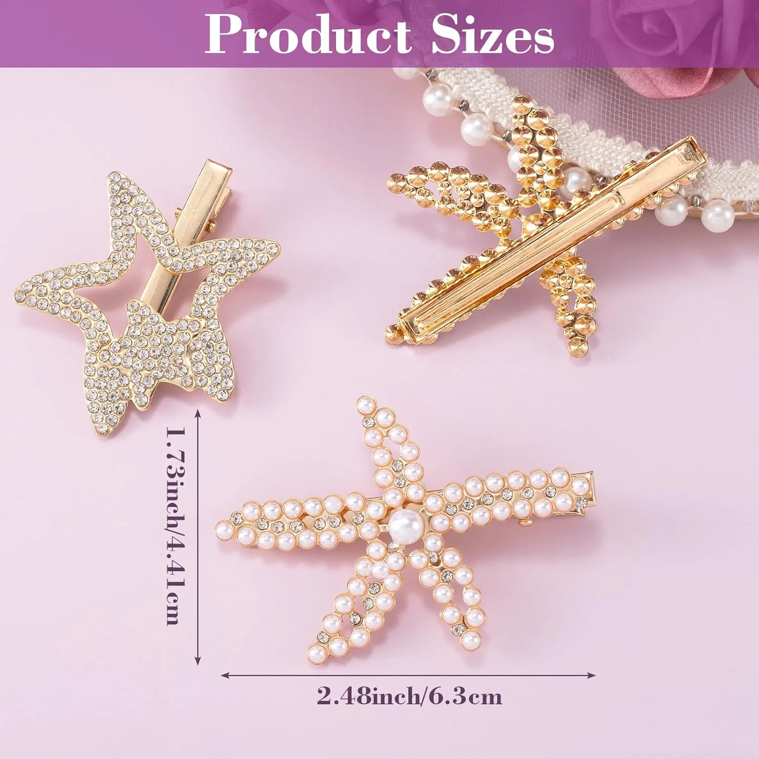PAGOW 3 PCS Starfish Hair Clips, Gold Rhinestone Pearls Crystal Hair Clips, Sea Star Ponytail Holder, Faux Pearl Crystal Wedding Headpiece Hair Accessories For Women, Girls, Bride (1.73x2.48 Inch)
