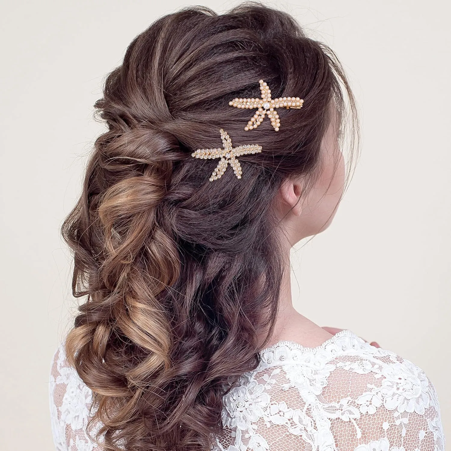 PAGOW 3 PCS Starfish Hair Clips, Gold Rhinestone Pearls Crystal Hair Clips, Sea Star Ponytail Holder, Faux Pearl Crystal Wedding Headpiece Hair Accessories For Women, Girls, Bride (1.73x2.48 Inch)