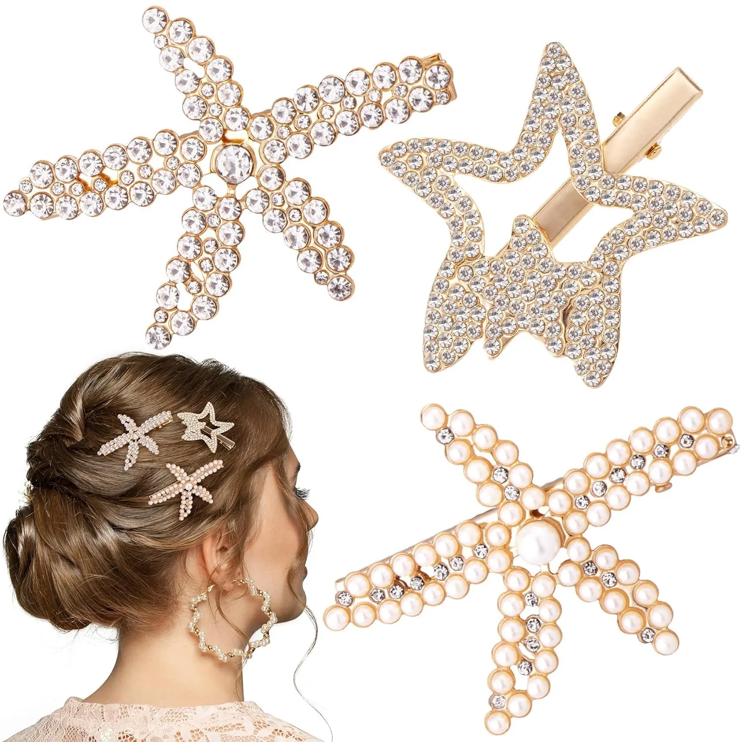 PAGOW 3 PCS Starfish Hair Clips, Gold Rhinestone Pearls Crystal Hair Clips, Sea Star Ponytail Holder, Faux Pearl Crystal Wedding Headpiece Hair Accessories For Women, Girls, Bride (1.73x2.48 Inch)