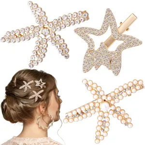 PAGOW 3 PCS Starfish Hair Clips, Gold Rhinestone Pearls Crystal Hair Clips, Sea Star Ponytail Holder, Faux Pearl Crystal Wedding Headpiece Hair Accessories For Women, Girls, Bride (1.73x2.48 Inch)