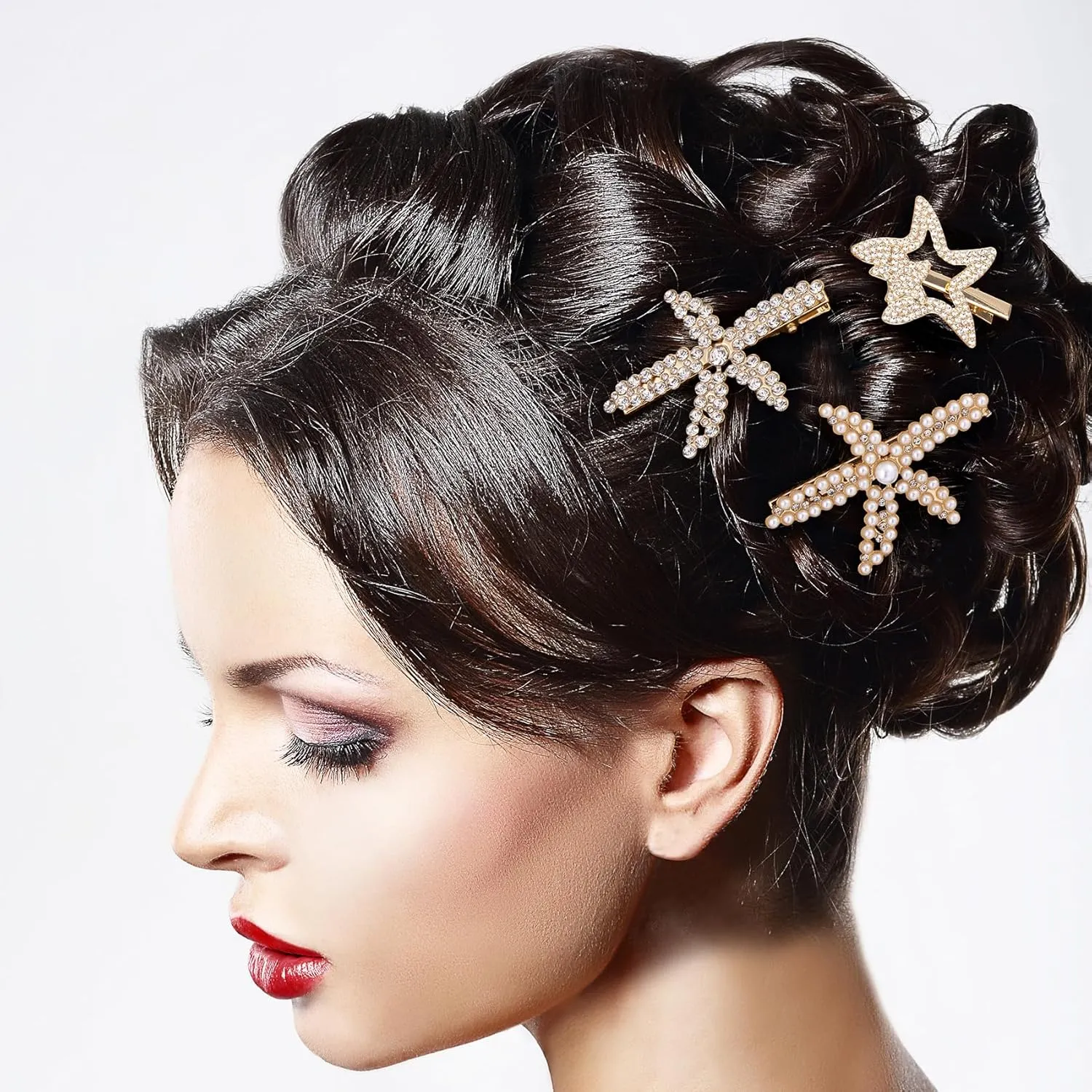 PAGOW 3 PCS Starfish Hair Clips, Gold Rhinestone Pearls Crystal Hair Clips, Sea Star Ponytail Holder, Faux Pearl Crystal Wedding Headpiece Hair Accessories For Women, Girls, Bride (1.73x2.48 Inch)