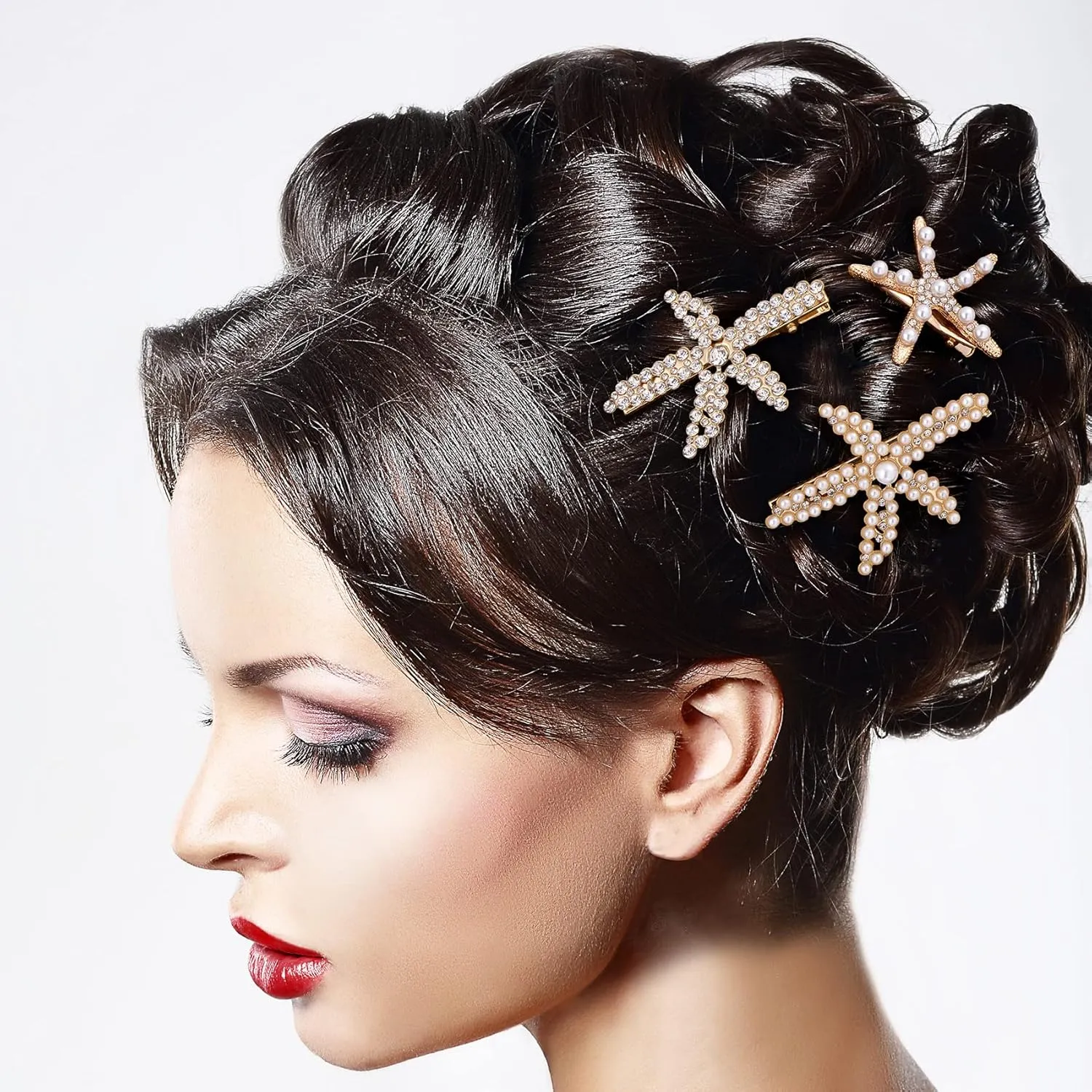 PAGOW 3 PCS Starfish Hair Clips, Gold Rhinestone Pearls Crystal Hair Clips, Sea Star Ponytail Holder, Faux Pearl Crystal Wedding Headpiece Hair Accessories For Women, Girls, Bride(1.73 x 2.48 Inch)
