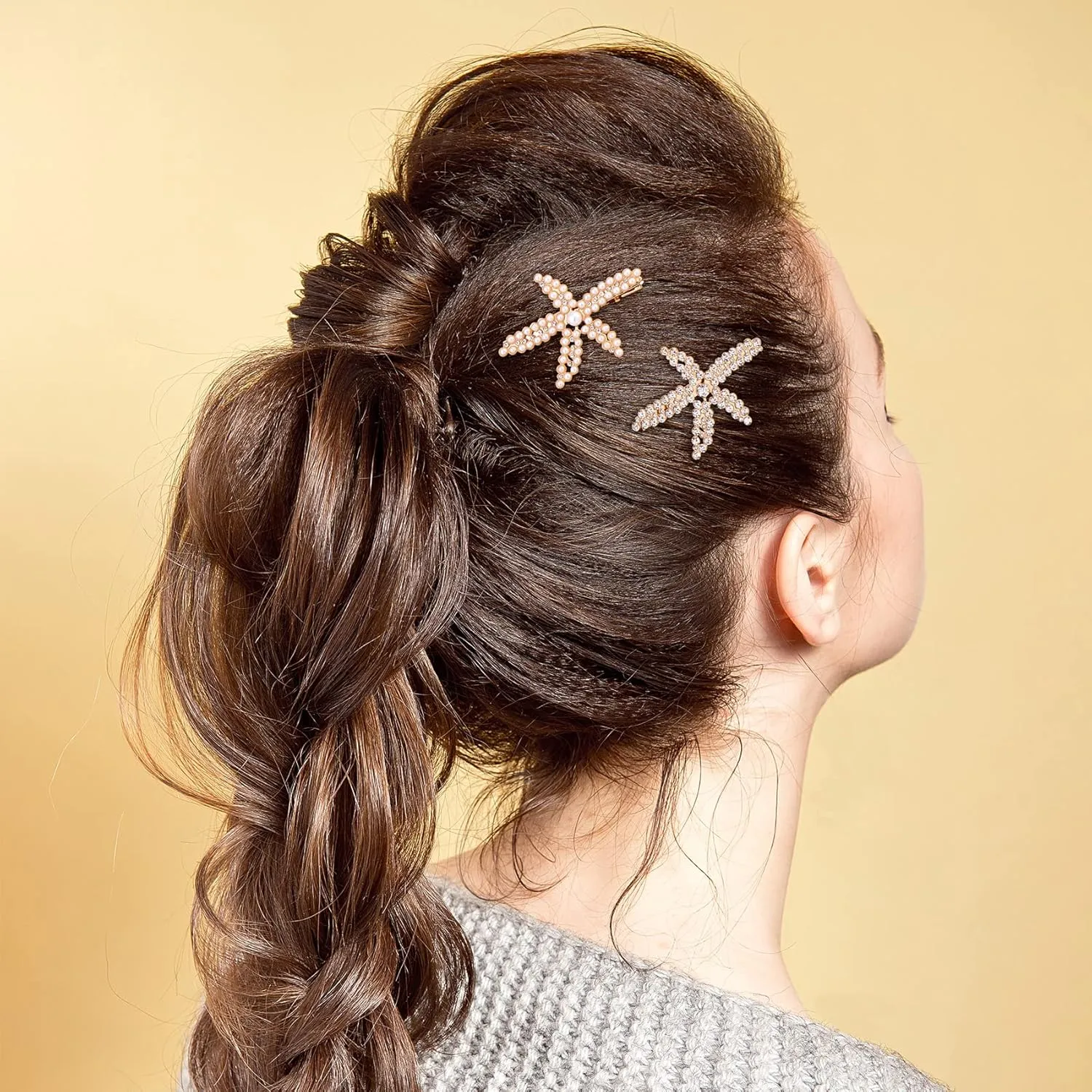 PAGOW 3 PCS Starfish Hair Clips, Gold Rhinestone Pearls Crystal Hair Clips, Sea Star Ponytail Holder, Faux Pearl Crystal Wedding Headpiece Hair Accessories For Women, Girls, Bride(1.73 x 2.48 Inch)