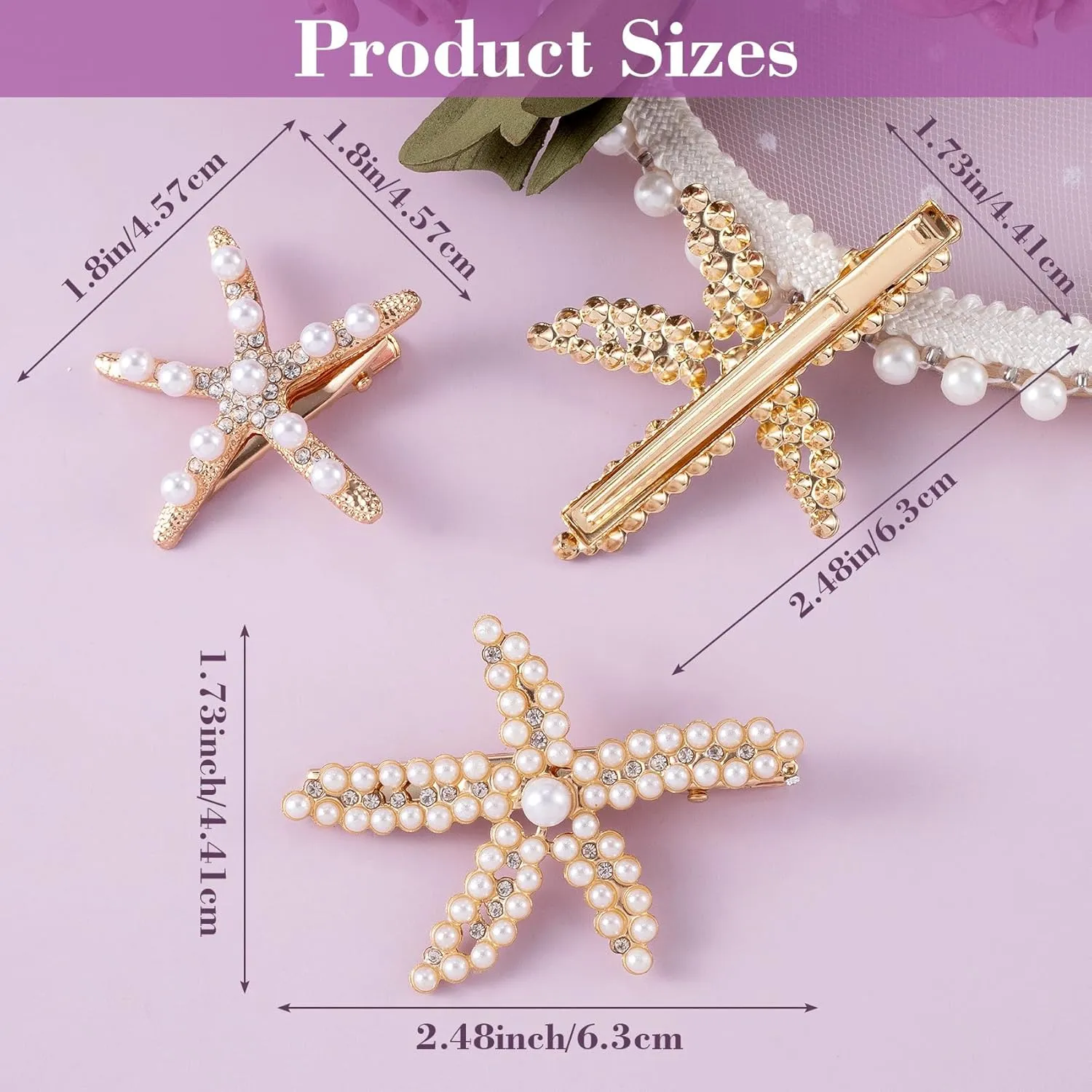 PAGOW 3 PCS Starfish Hair Clips, Gold Rhinestone Pearls Crystal Hair Clips, Sea Star Ponytail Holder, Faux Pearl Crystal Wedding Headpiece Hair Accessories For Women, Girls, Bride(1.73 x 2.48 Inch)