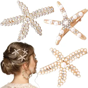 PAGOW 3 PCS Starfish Hair Clips, Gold Rhinestone Pearls Crystal Hair Clips, Sea Star Ponytail Holder, Faux Pearl Crystal Wedding Headpiece Hair Accessories For Women, Girls, Bride(1.73 x 2.48 Inch)