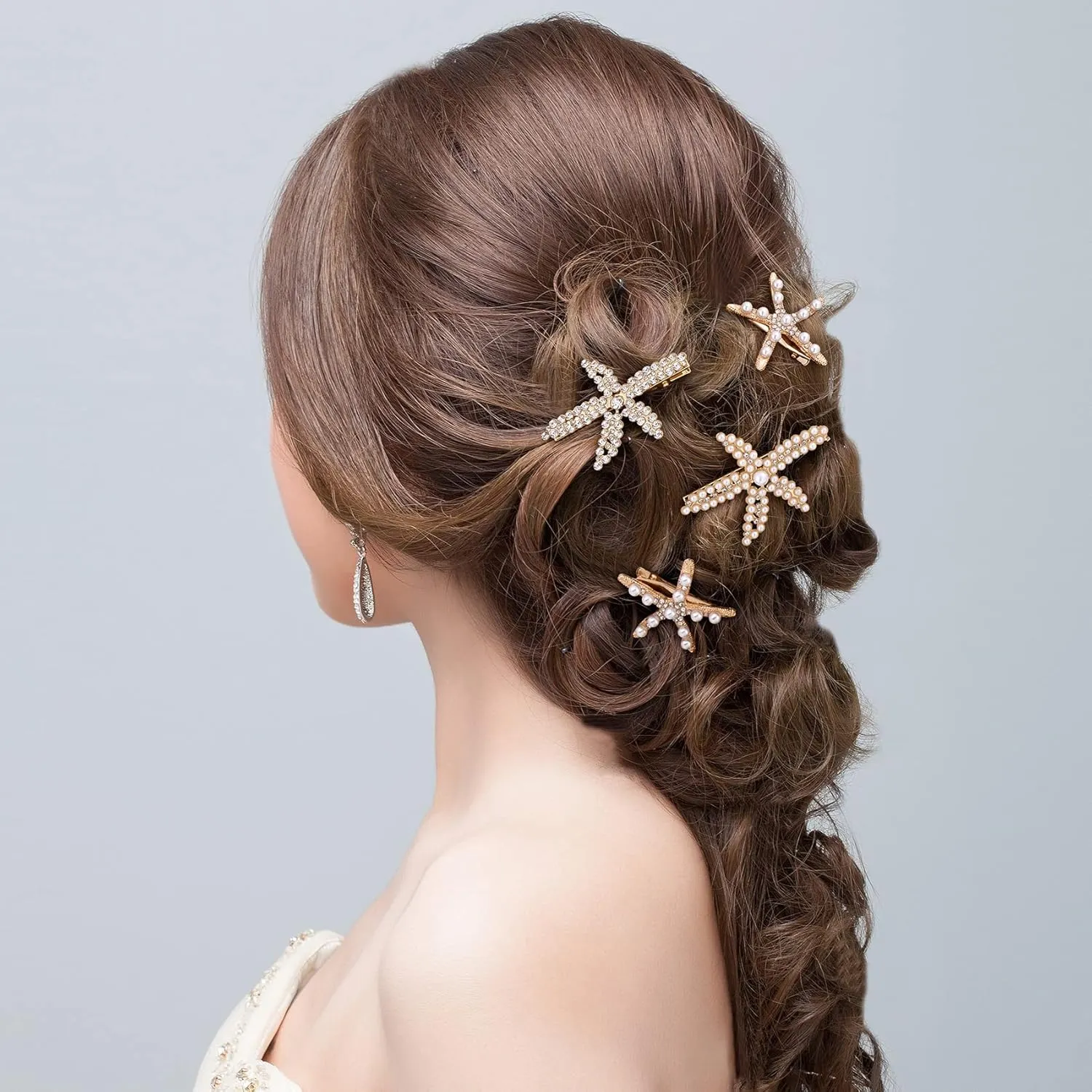 PAGOW 3 PCS Starfish Hair Clips, Gold Rhinestone Pearls Crystal Hair Clips, Sea Star Ponytail Holder, Faux Pearl Crystal Wedding Headpiece Hair Accessories For Women, Girls, Bride(1.73 x 2.48 Inch)