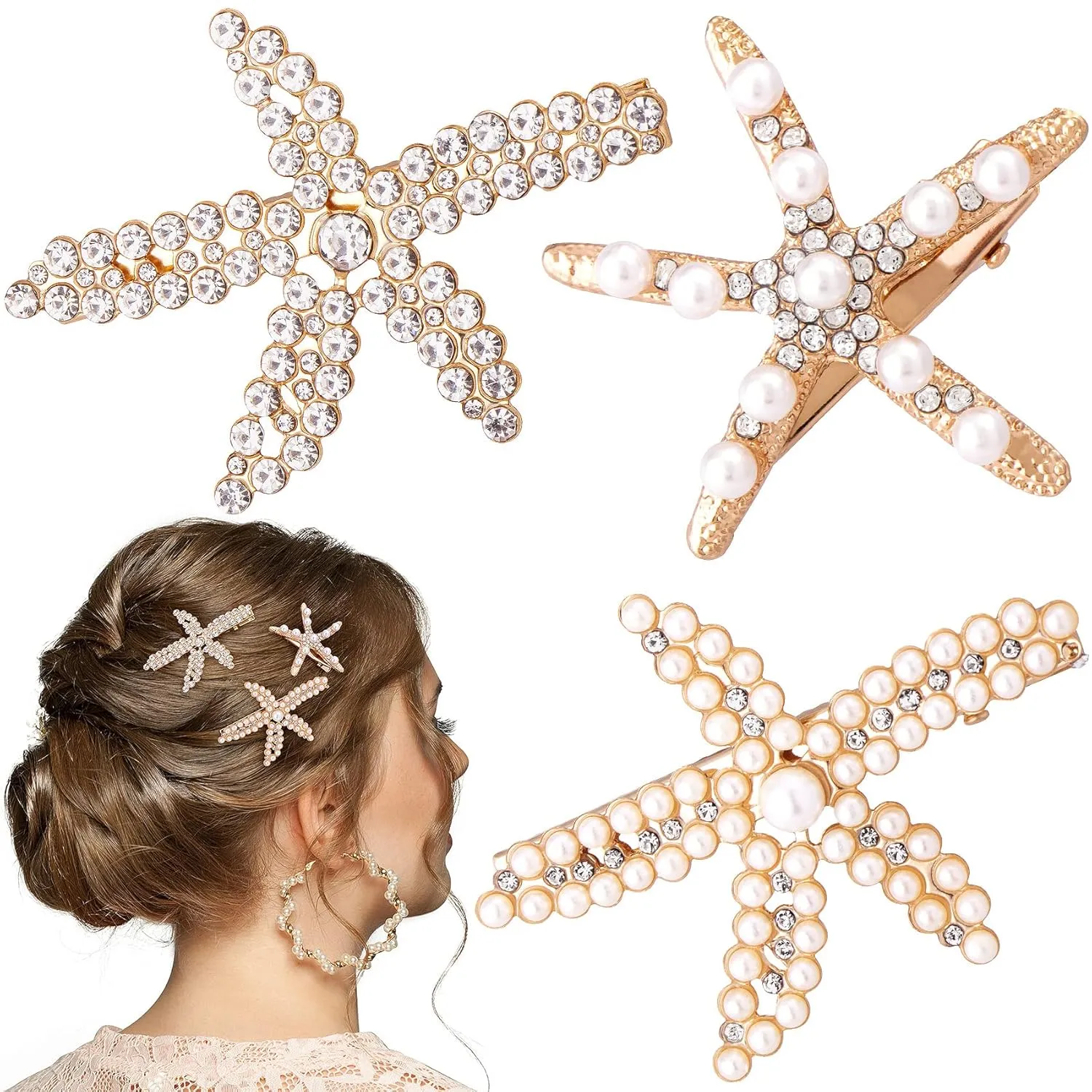 PAGOW 3 PCS Starfish Hair Clips, Gold Rhinestone Pearls Crystal Hair Clips, Sea Star Ponytail Holder, Faux Pearl Crystal Wedding Headpiece Hair Accessories For Women, Girls, Bride(1.73 x 2.48 Inch)
