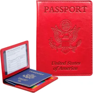 Passport Holder Cover Wallet Case RFID Blocking Leather Card Slot Travel Accessories Documents Organizer Protector for Women Men, Red